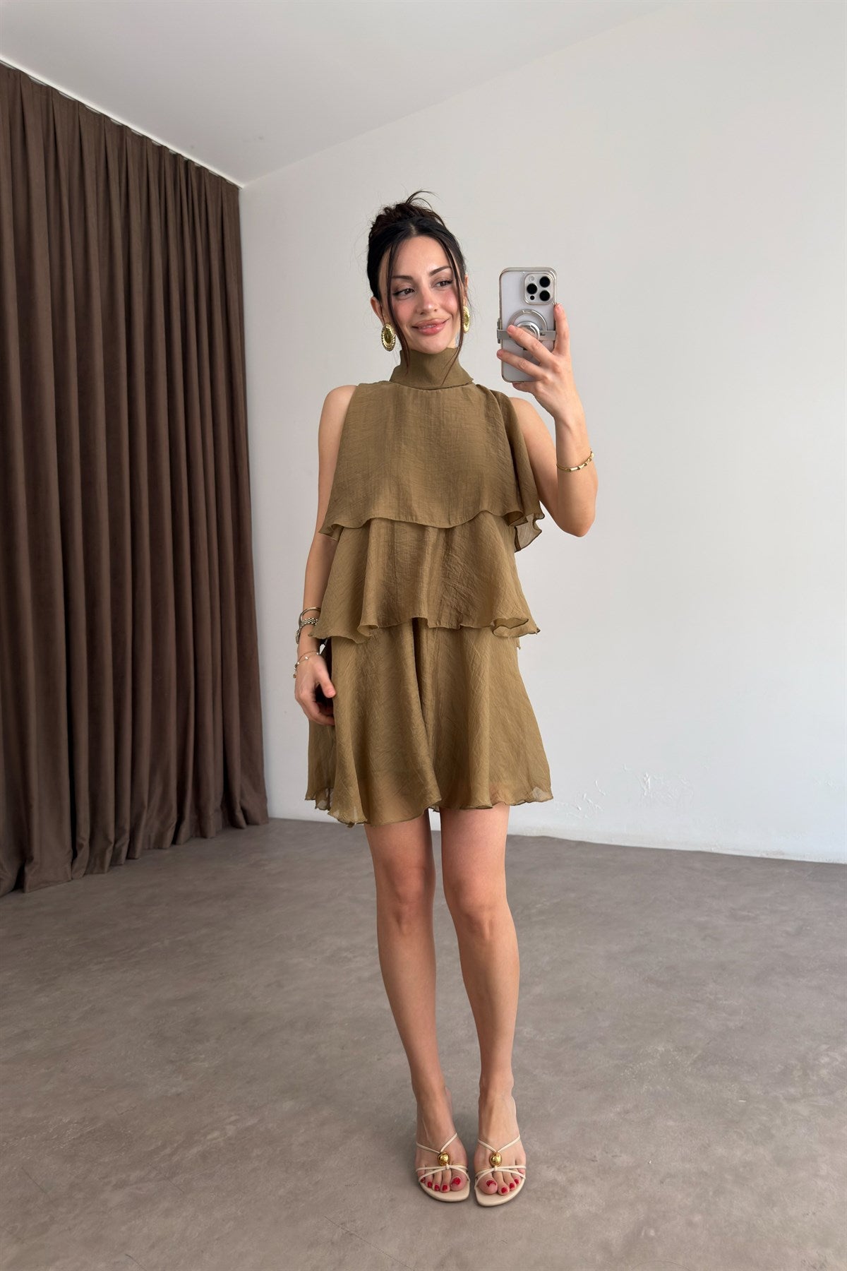 Katlı Bağlama Detaylı Mini Elbise Olive