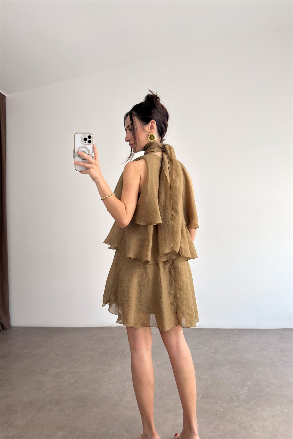 Katlı Bağlama Detaylı Mini Elbise Olive