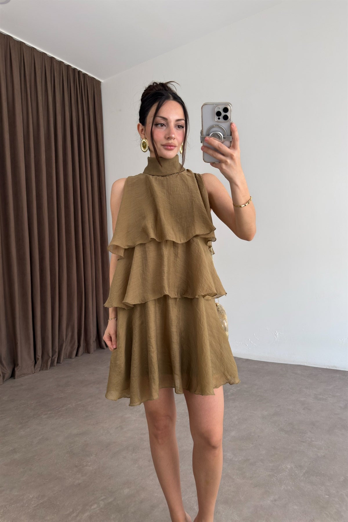 Katlı Bağlama Detaylı Mini Elbise Olive