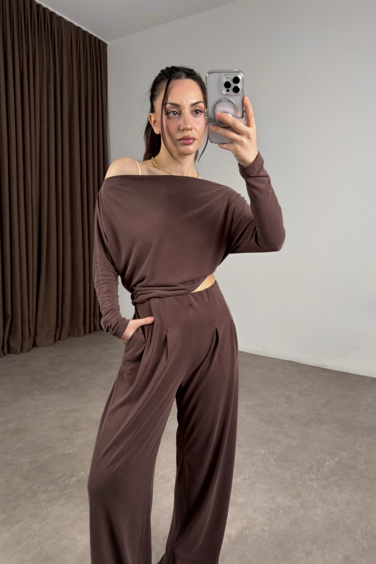 Kayık Yaka Modal Kahve Bluz Pantolon Takım