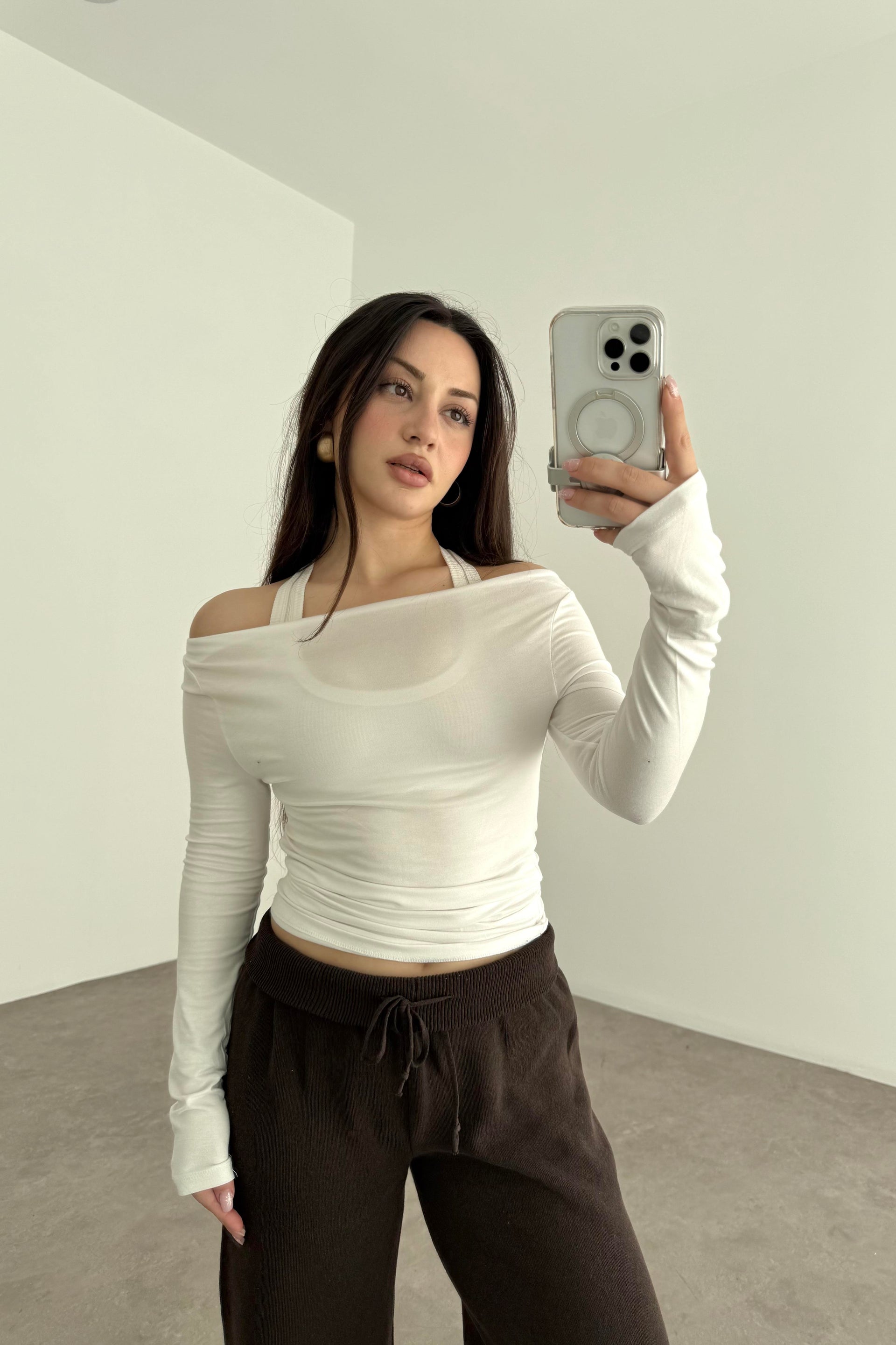 Kayık Yakalı Drapeli Opak Basic Beyaz Body