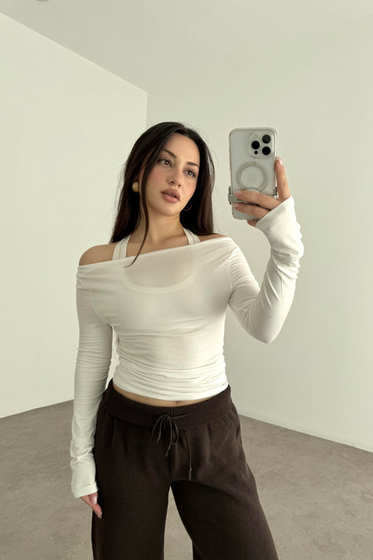 Kayık Yakalı Drapeli Opak Basic Beyaz Body