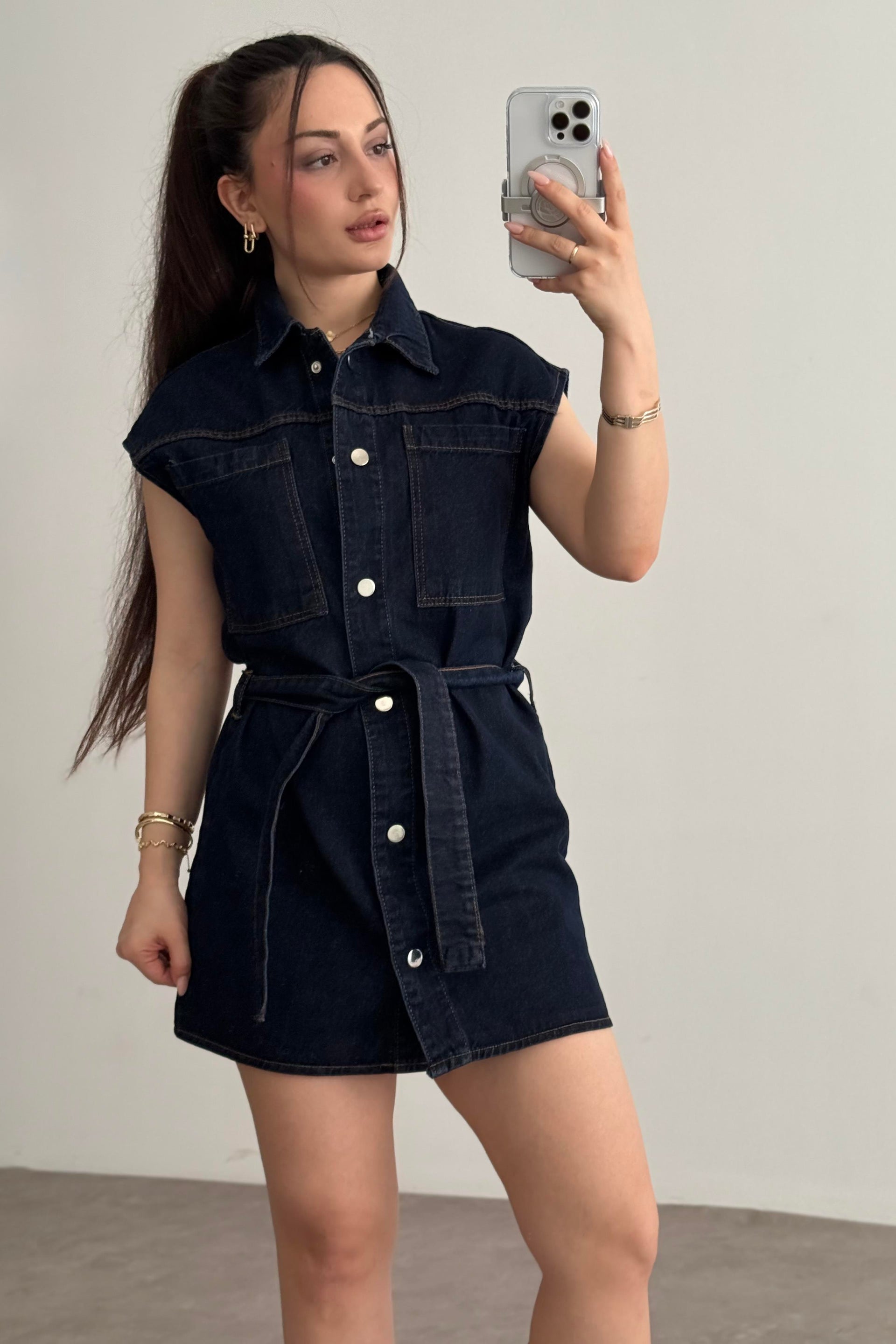 Kemer Detaylı Düğmeli Denim Elbise