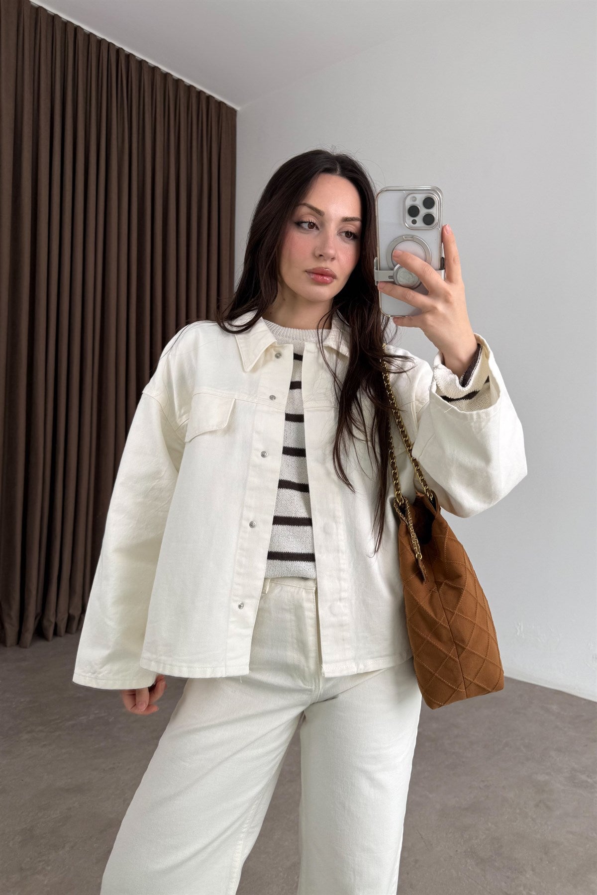 Kemer Detaylı Ekru Denim Takım