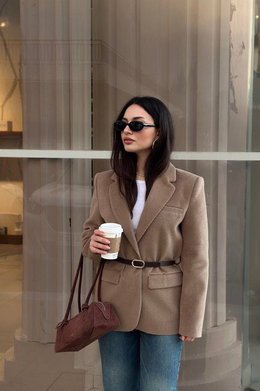 Premium Kemer Detaylı Dokulu Vizon Blazer Ceket