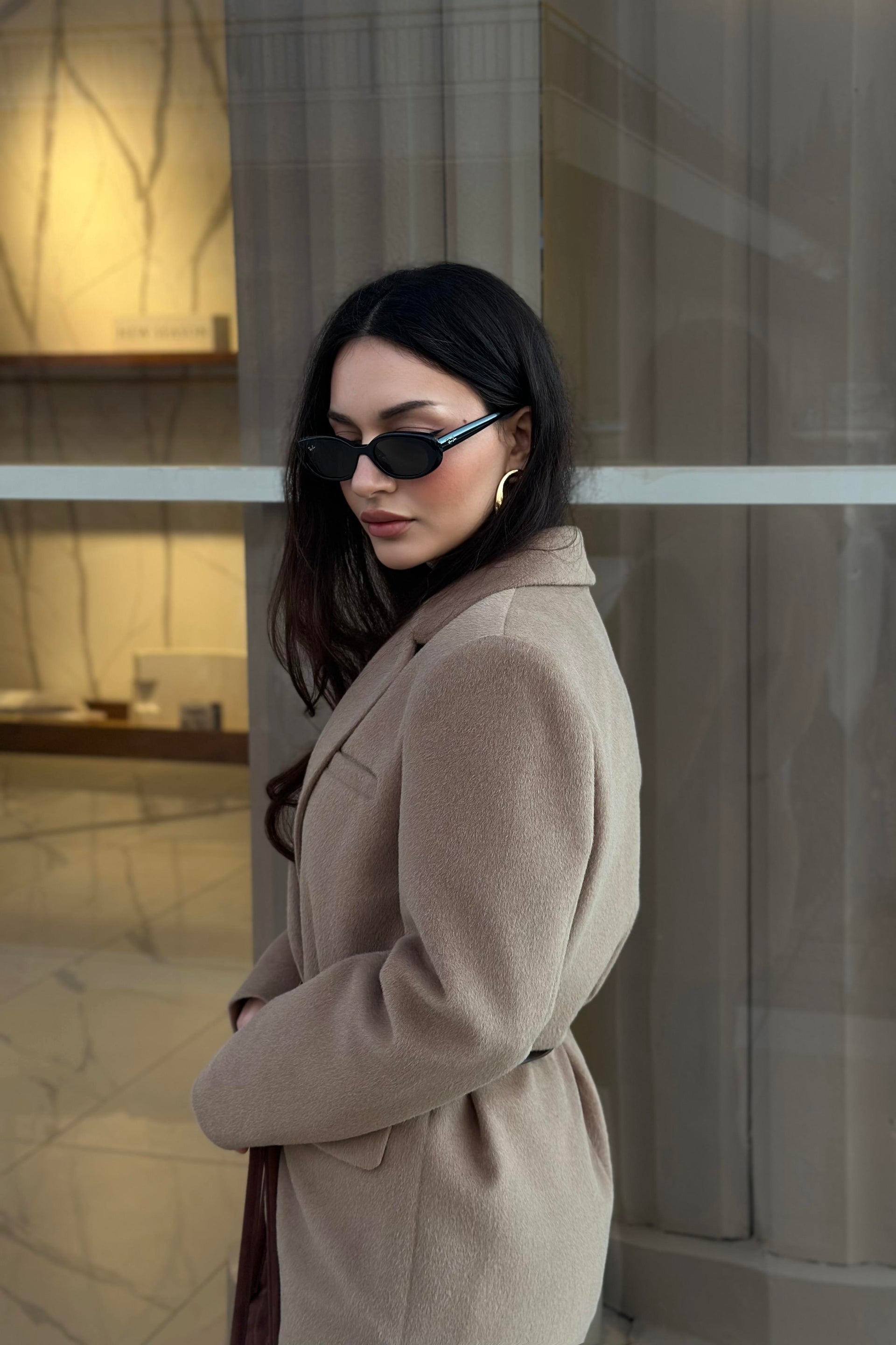 Premium Kemer Detaylı Dokulu Vizon Blazer Ceket