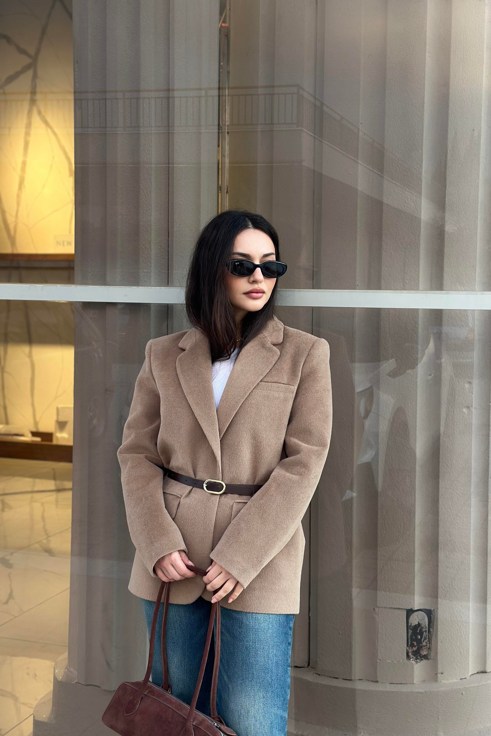 Premium Kemer Detaylı Dokulu Vizon Blazer Ceket