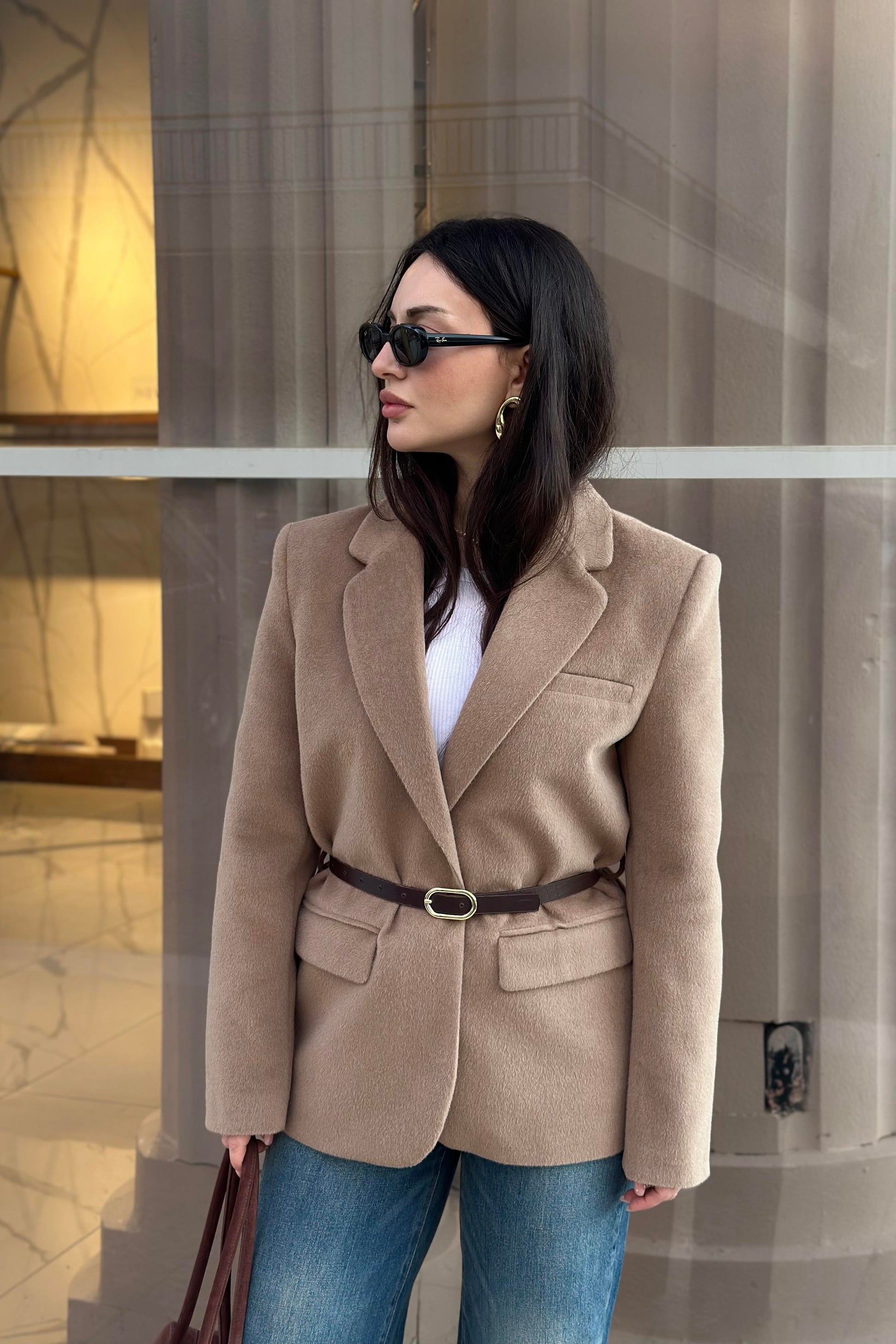 Premium Kemer Detaylı Dokulu Vizon Blazer Ceket