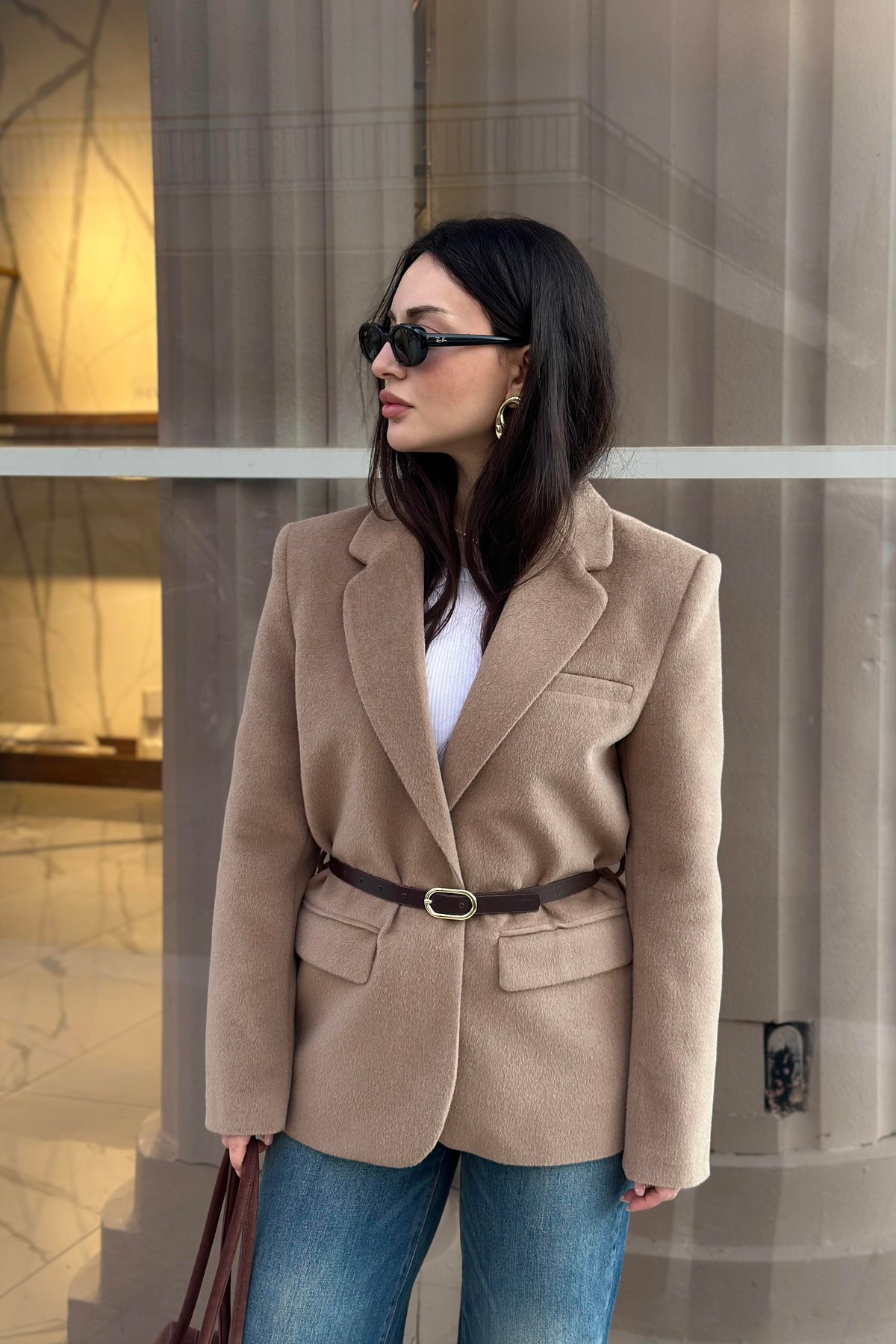 Premium Kemer Detaylı Dokulu Vizon Blazer Ceket