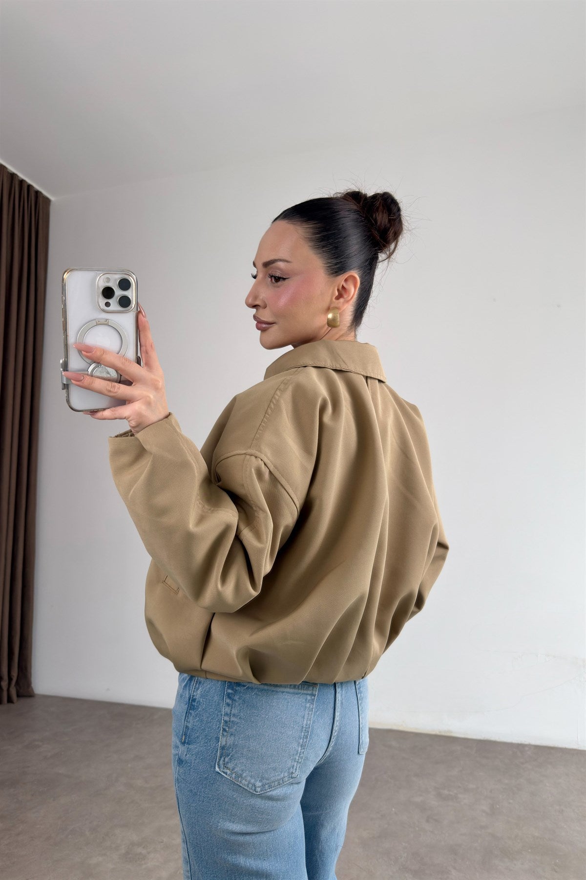 Kemerli Yakalı Bomber Camel Ceket