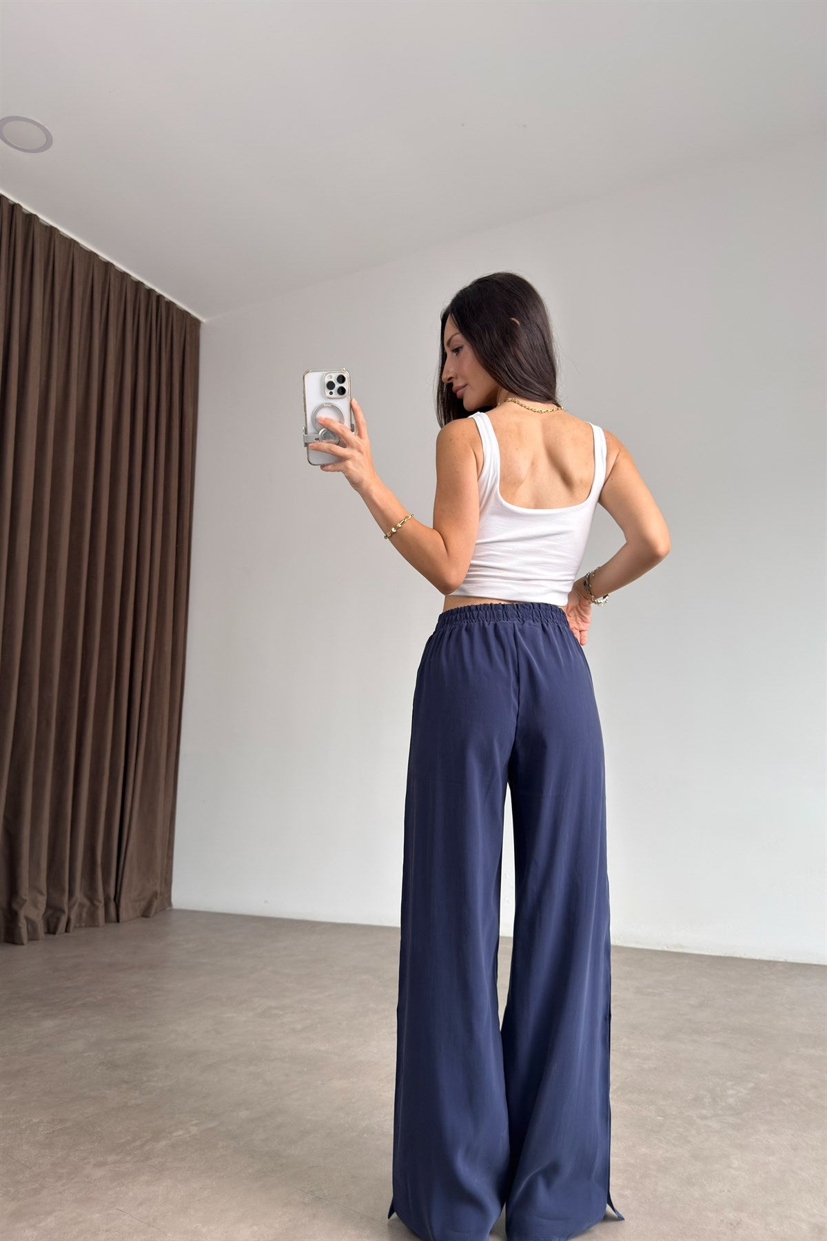 Kenarları Zımbalı Lacivert Modal Tensel Pantolon