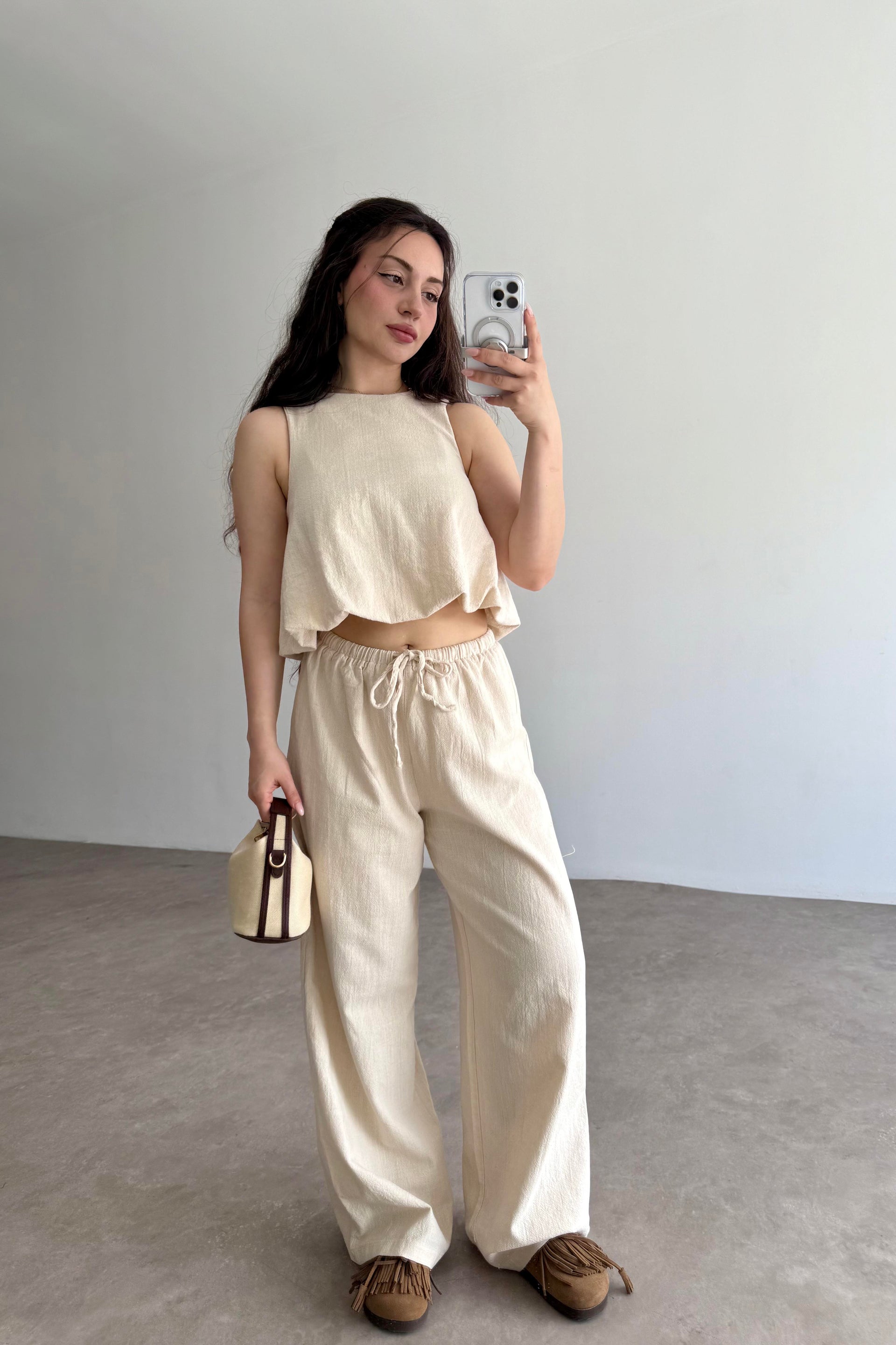 Üstü Balon Keten Pantolonlu Natural Takım