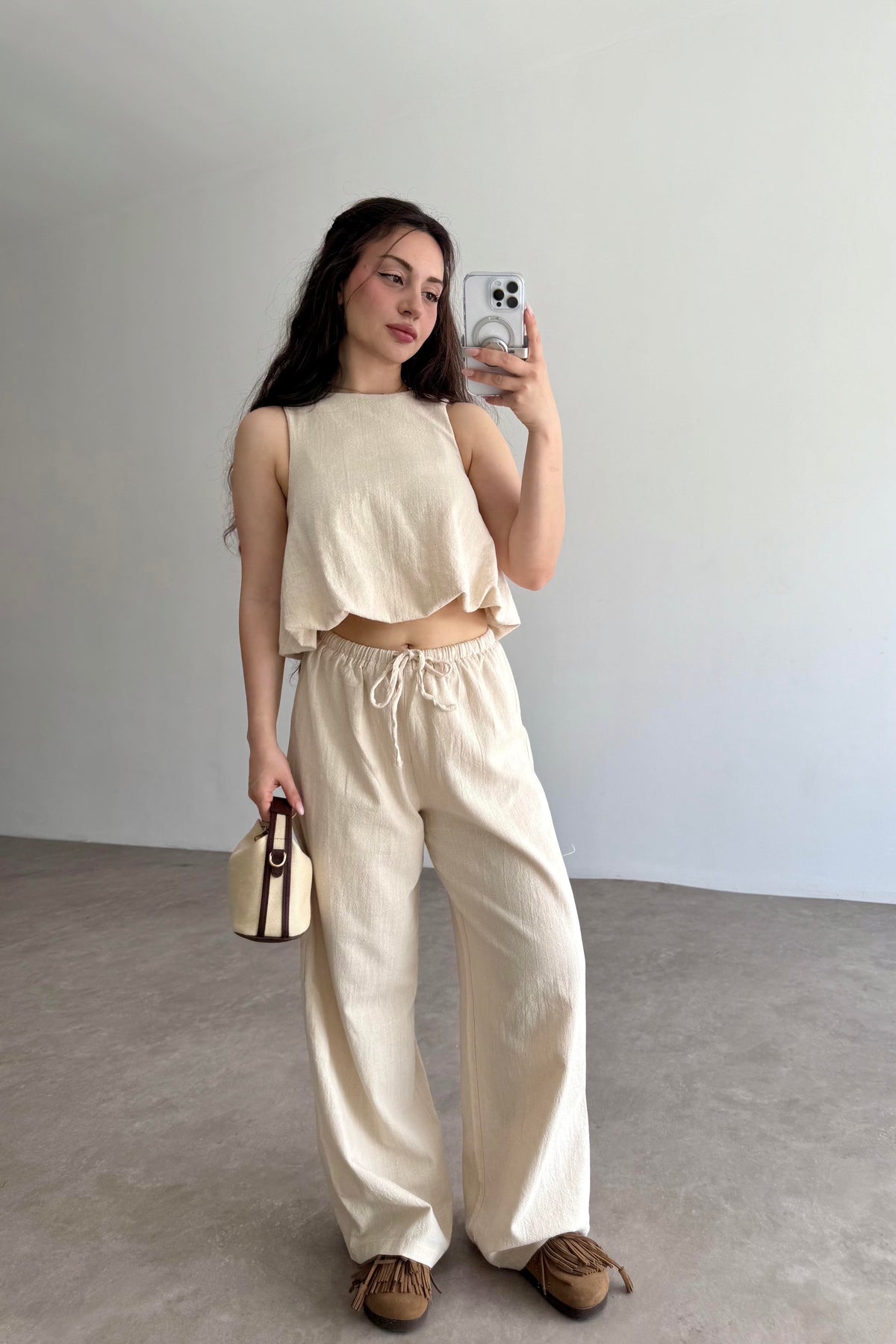 Üstü Balon Keten Pantolonlu Natural Takım