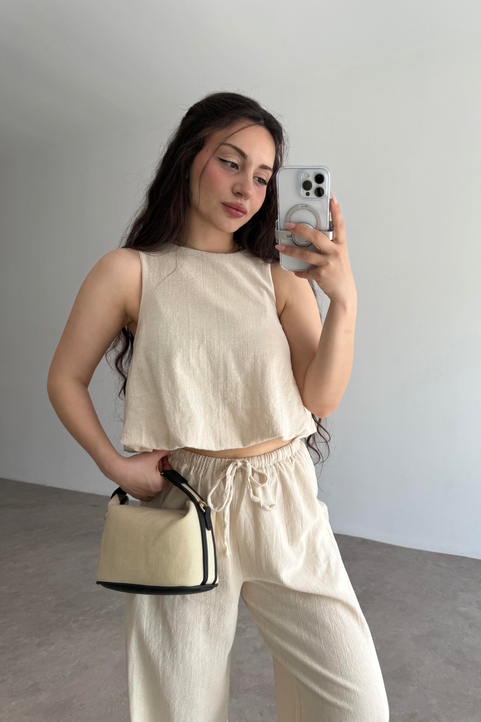 Üstü Balon Keten Pantolonlu Natural Takım