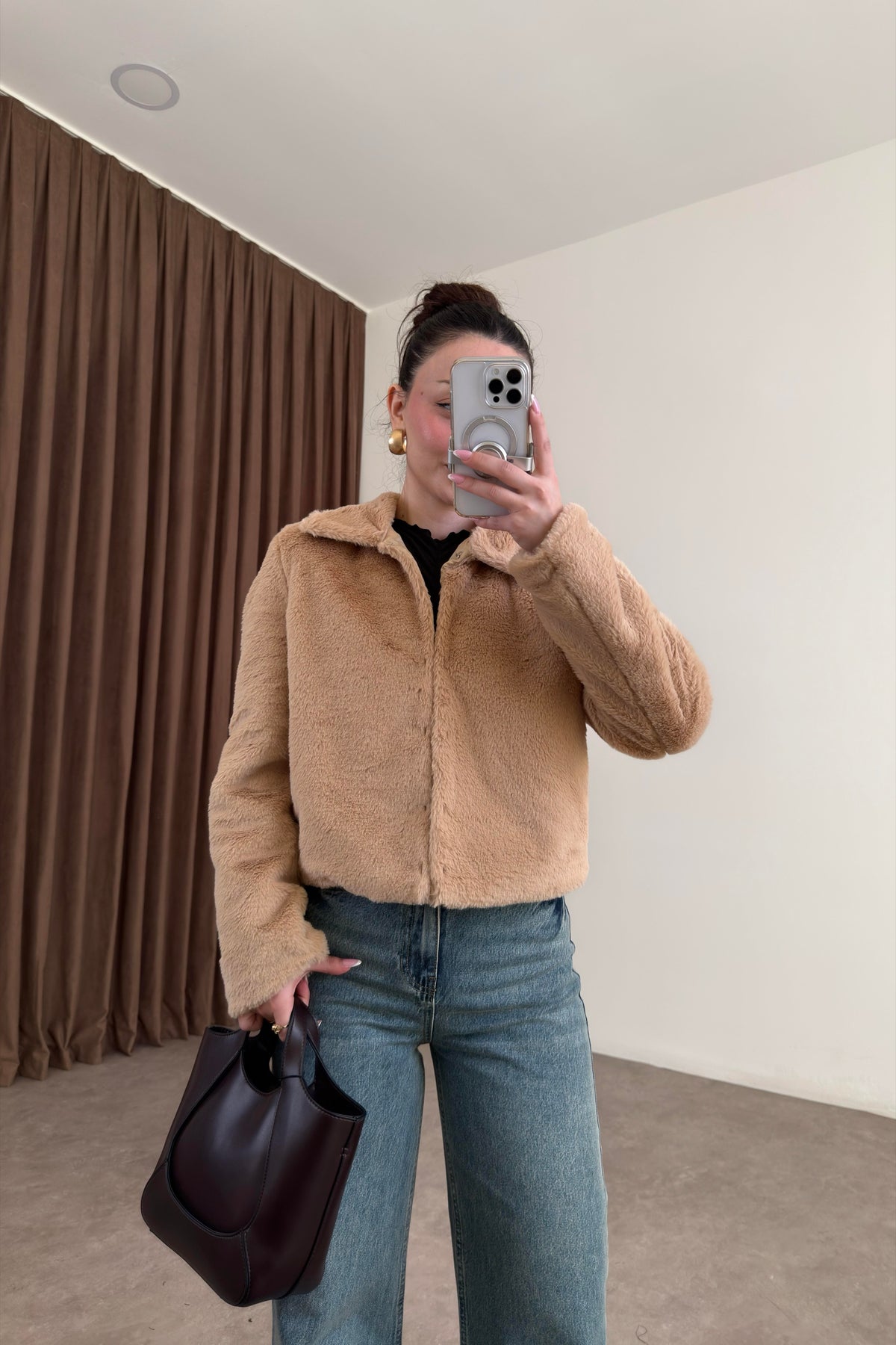 Kısa Kürk Yakalı Açık Camel Ceket