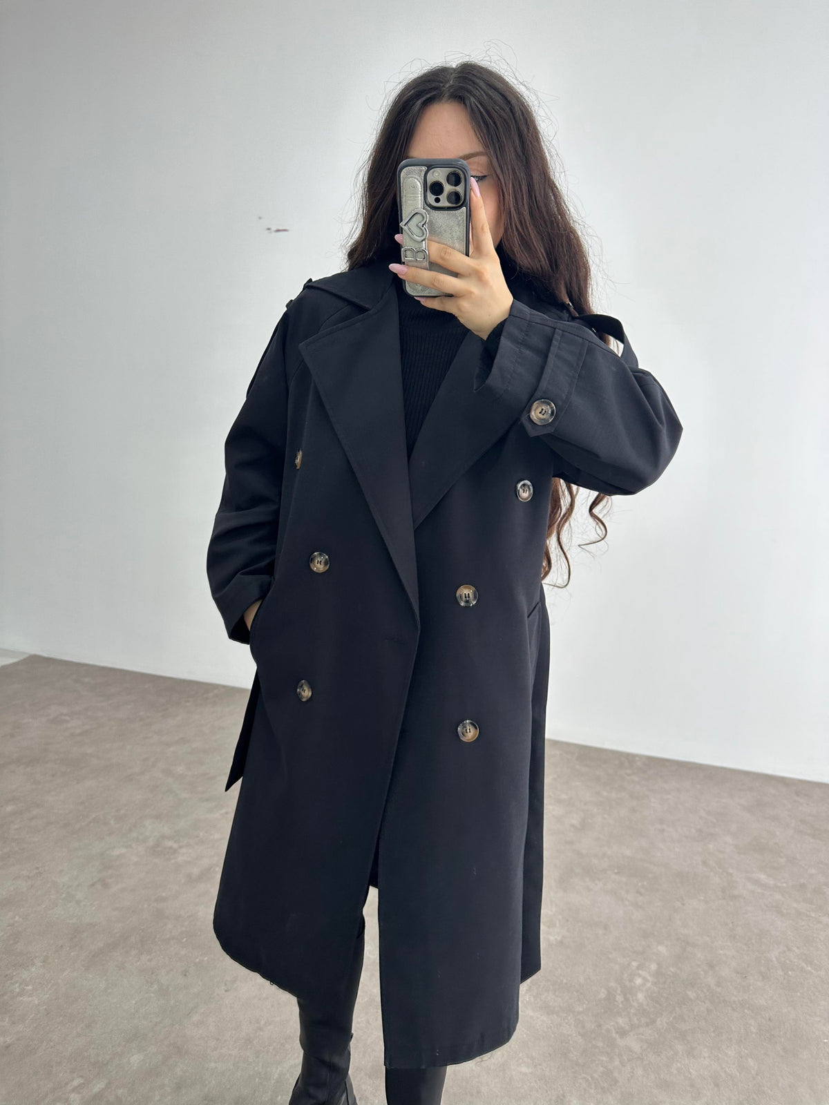 Klasik Kesim Premium Siyah Trenç Kot