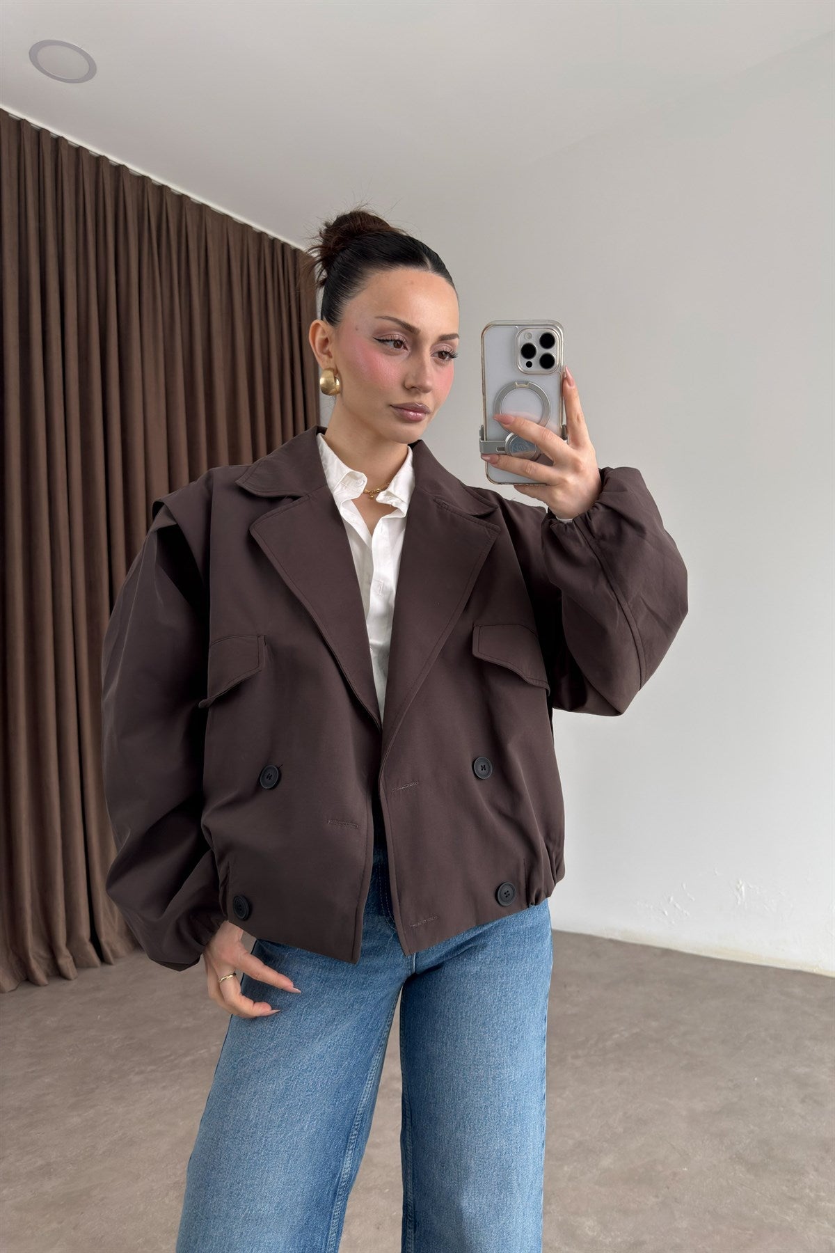 Kruvaze Bomber Model Düğmeli Kahve Ceket