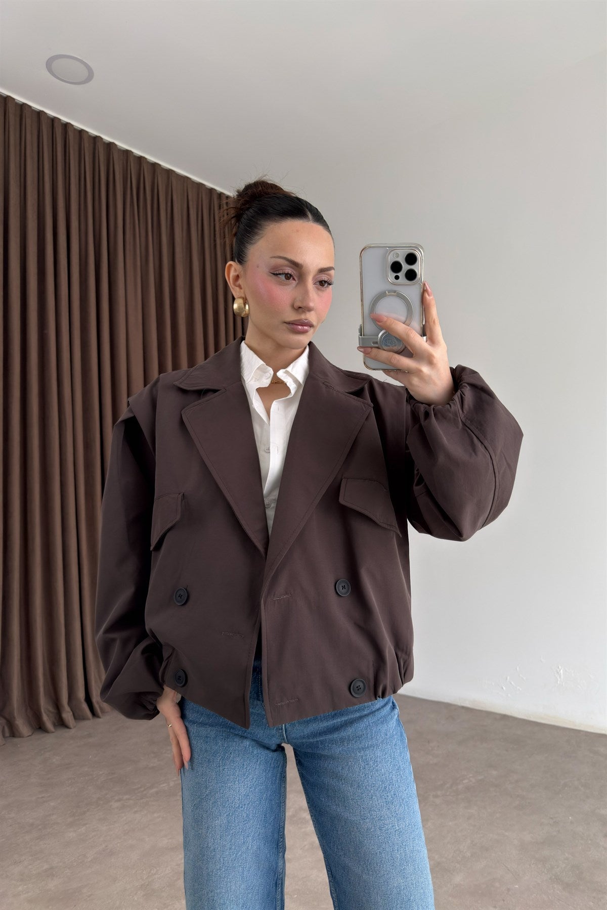 Kruvaze Bomber Model Düğmeli Kahve Ceket