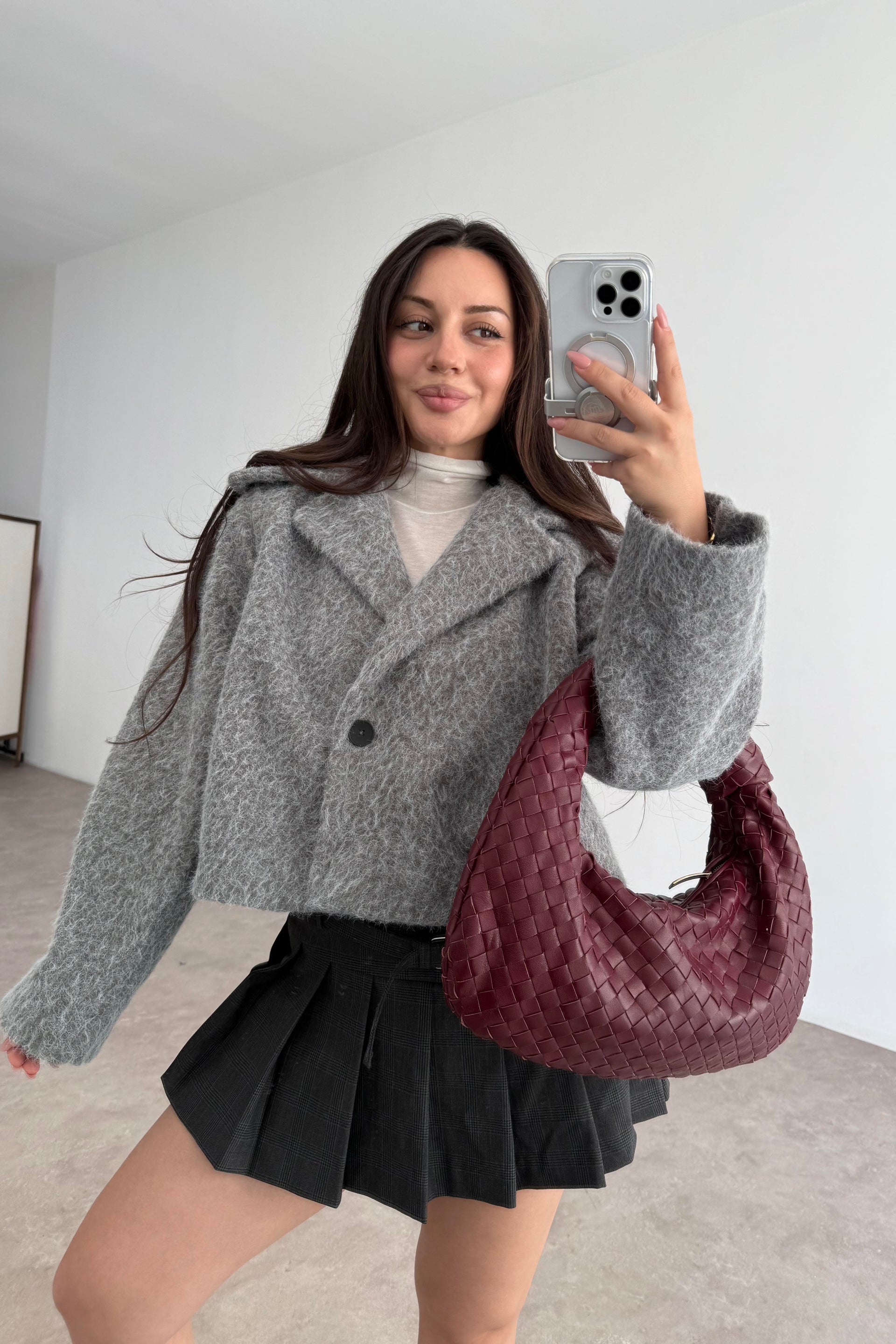 Kruvaze Kırçıllı Yün Soft Gri Ceket