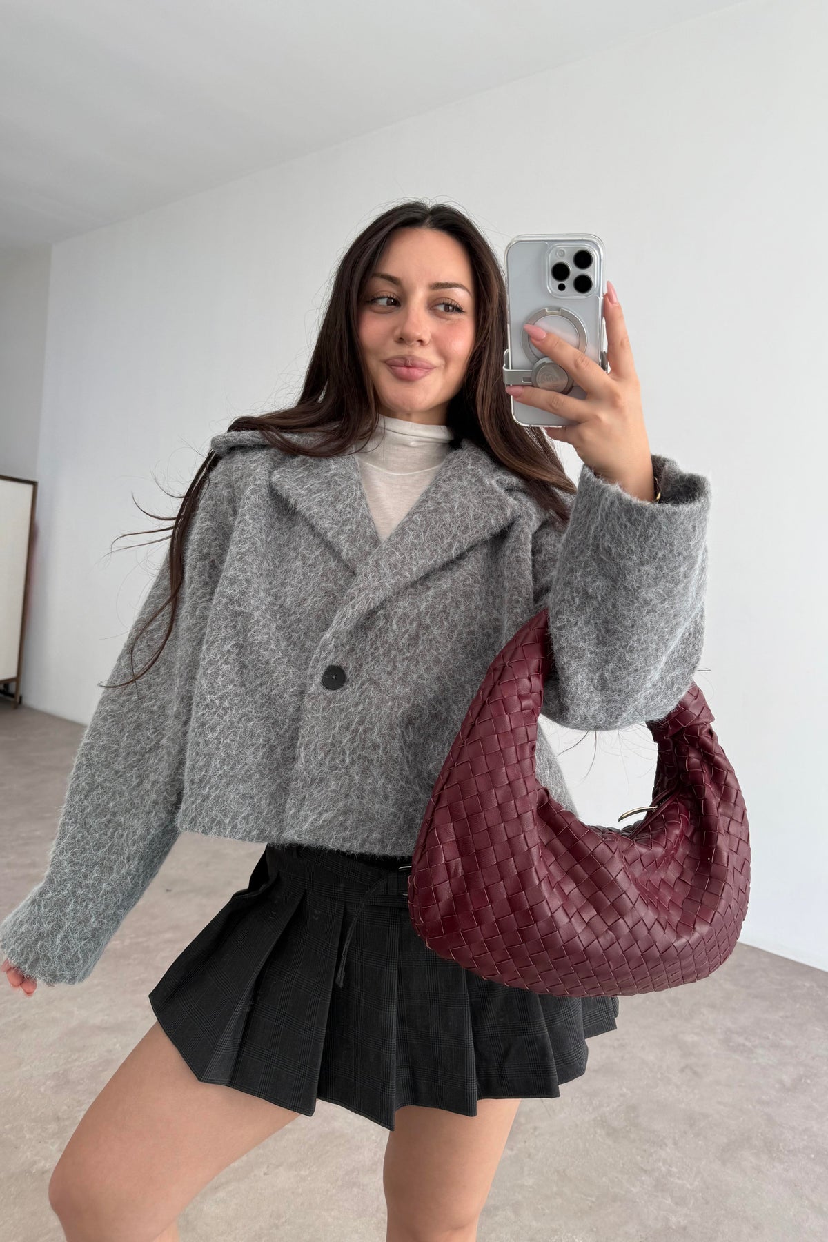 Kruvaze Kırçıllı Yün Soft Gri Ceket