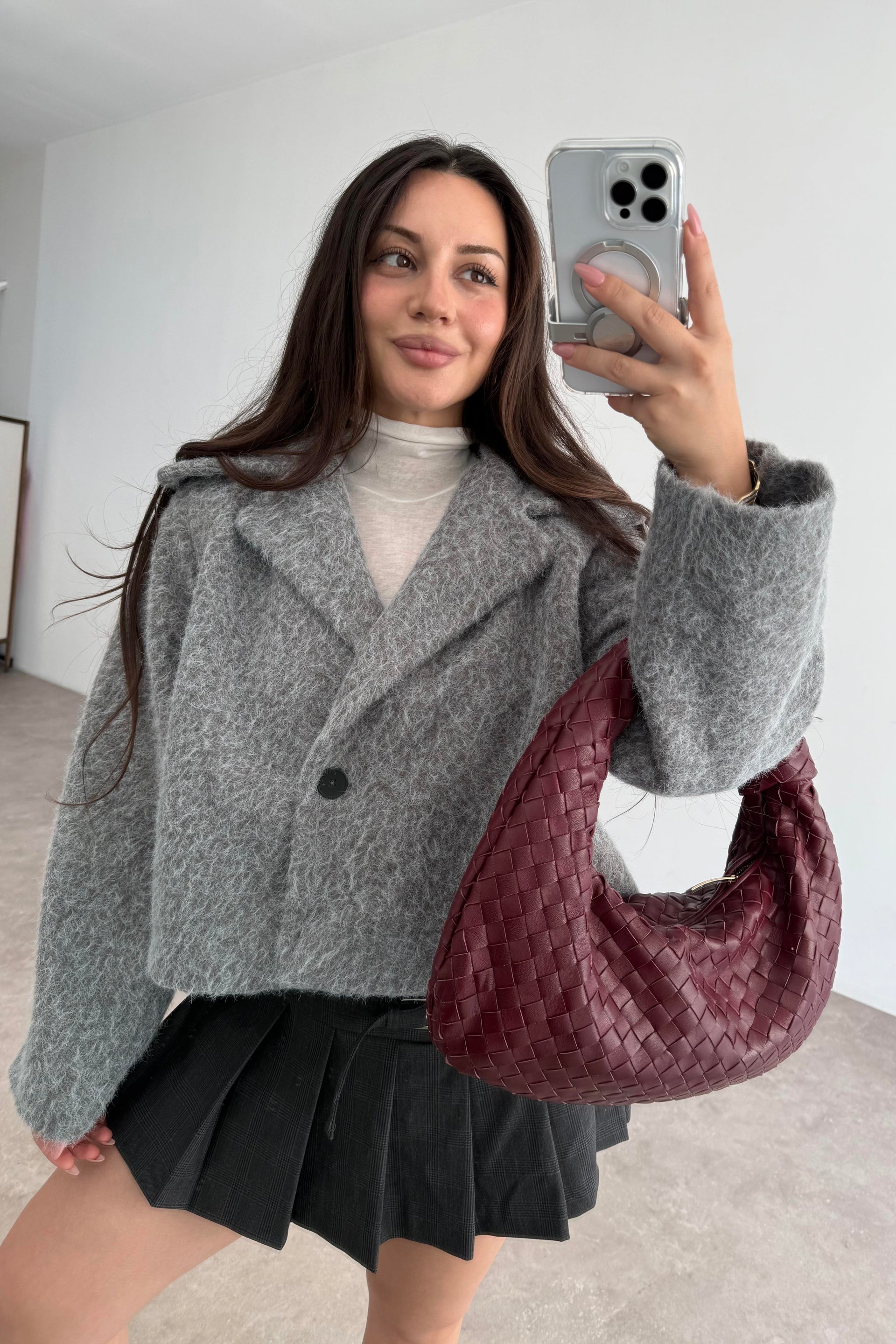 Kruvaze Kırçıllı Yün Soft Gri Ceket