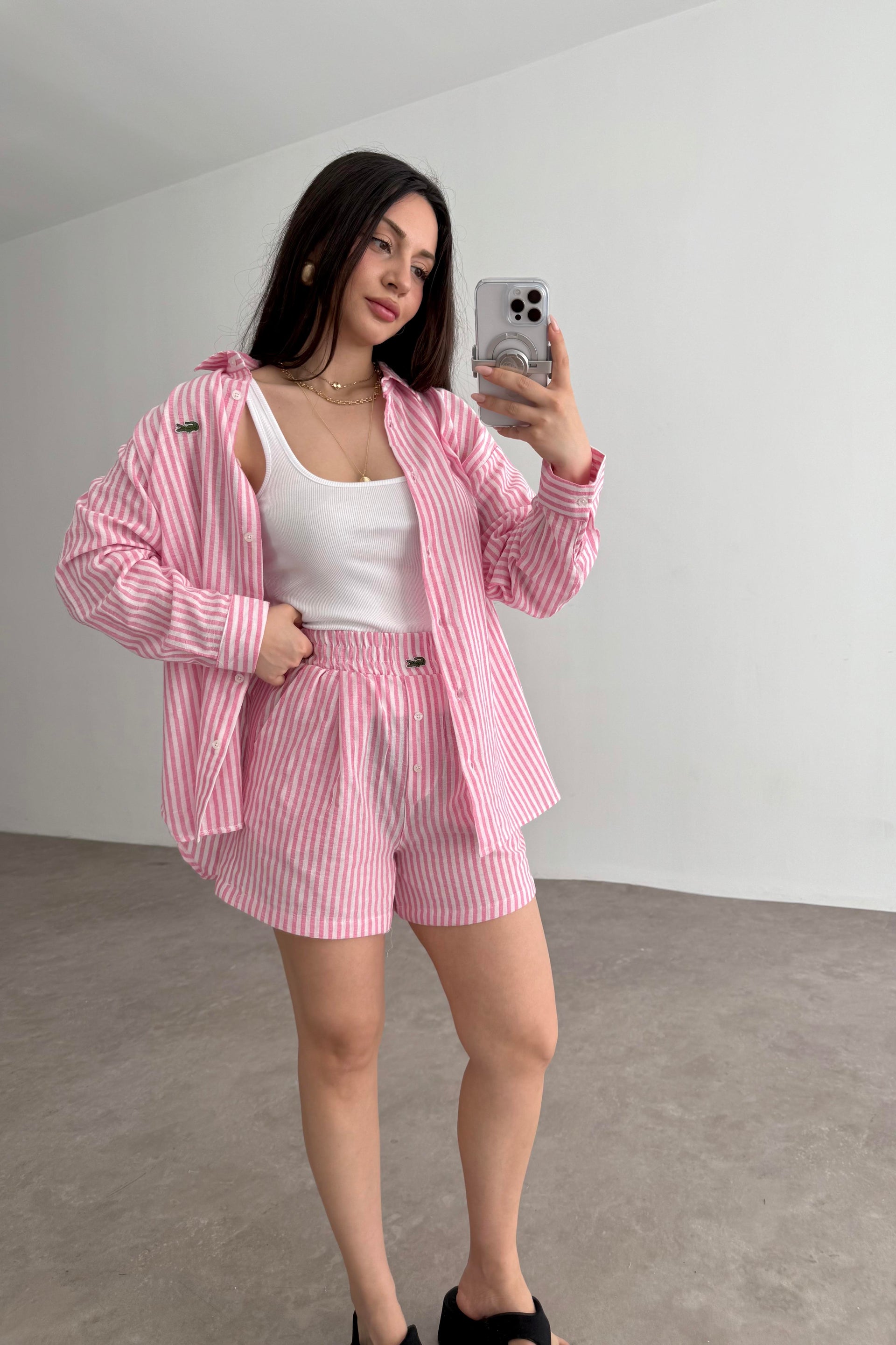 Lcst Çizgili Şortlu Gömlek Takım Pembe