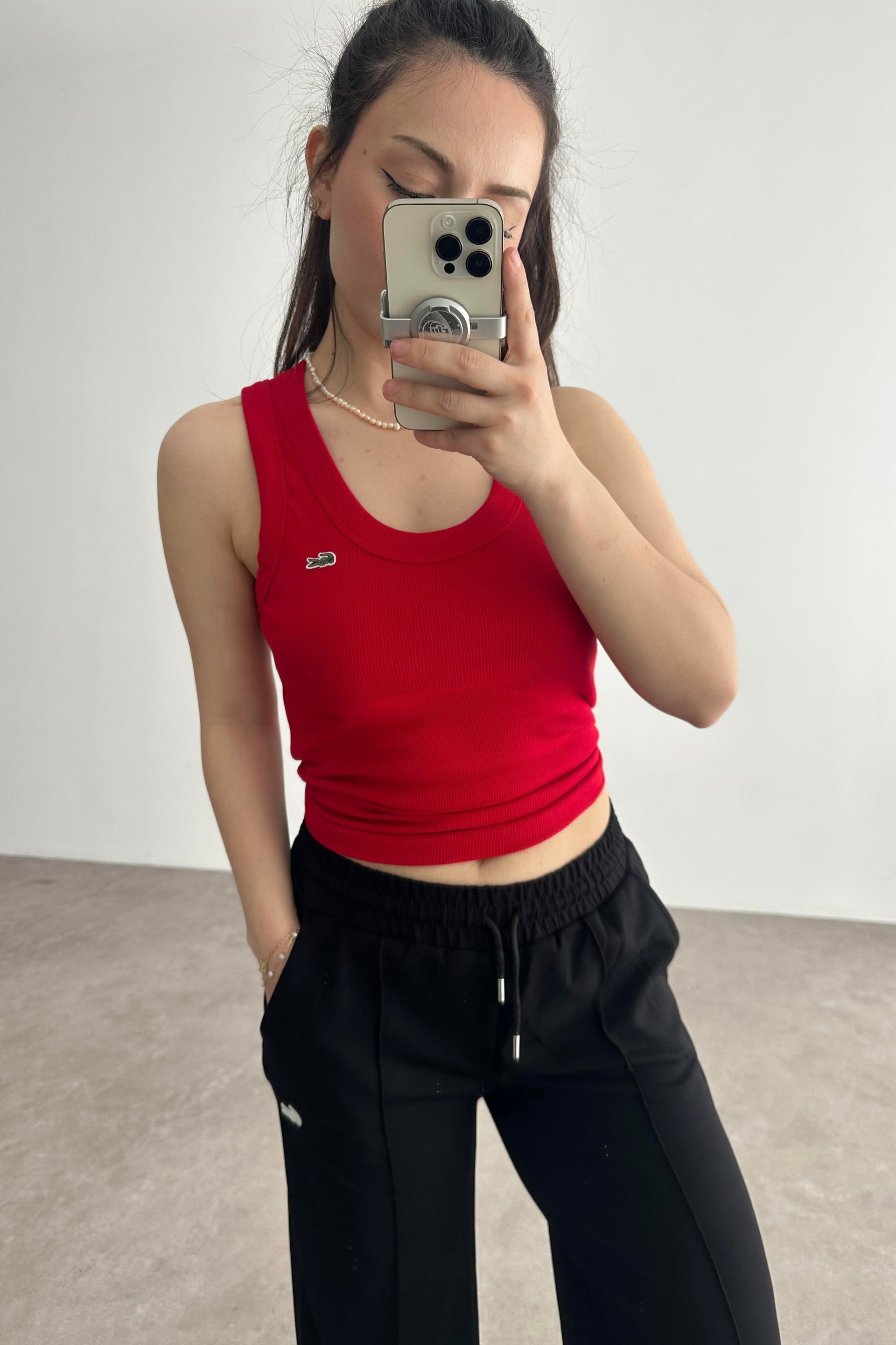LCST Fitilli Bisiklet Yaka Kolsuz T-shirt Kırmızı