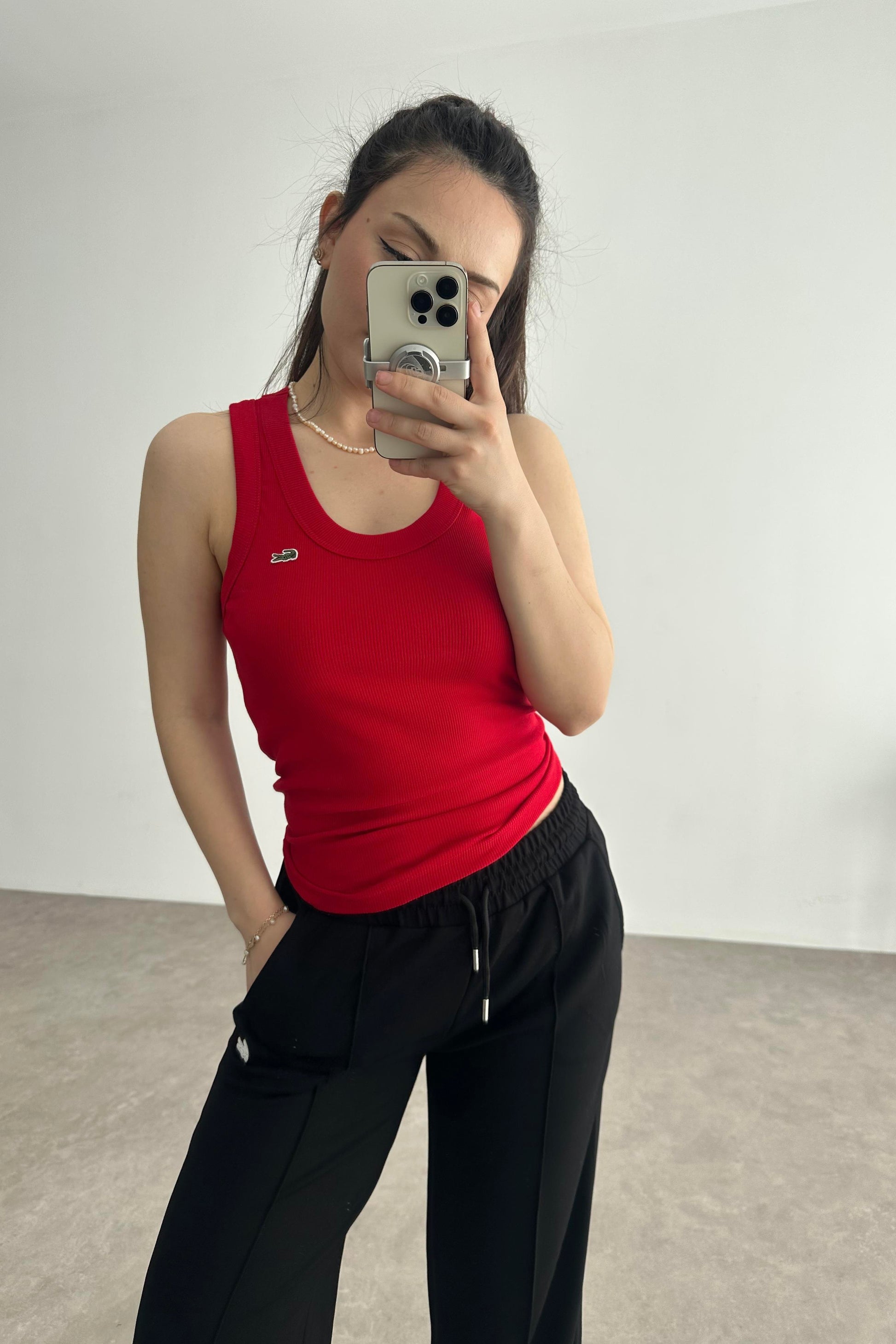 LCST Fitilli Bisiklet Yaka Kolsuz T-shirt Kırmızı