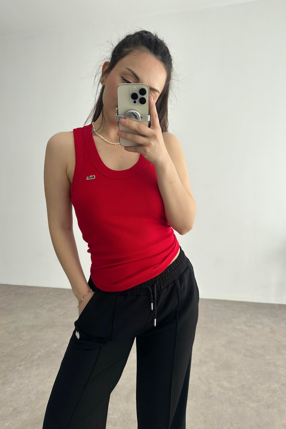 LCST Fitilli Bisiklet Yaka Kolsuz T-shirt Kırmızı