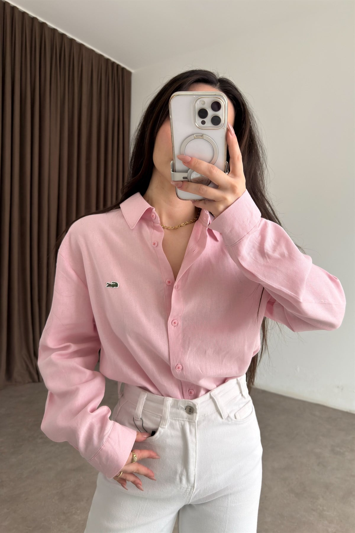 Lcst Keten Düz Kesim Pembe Gömlek