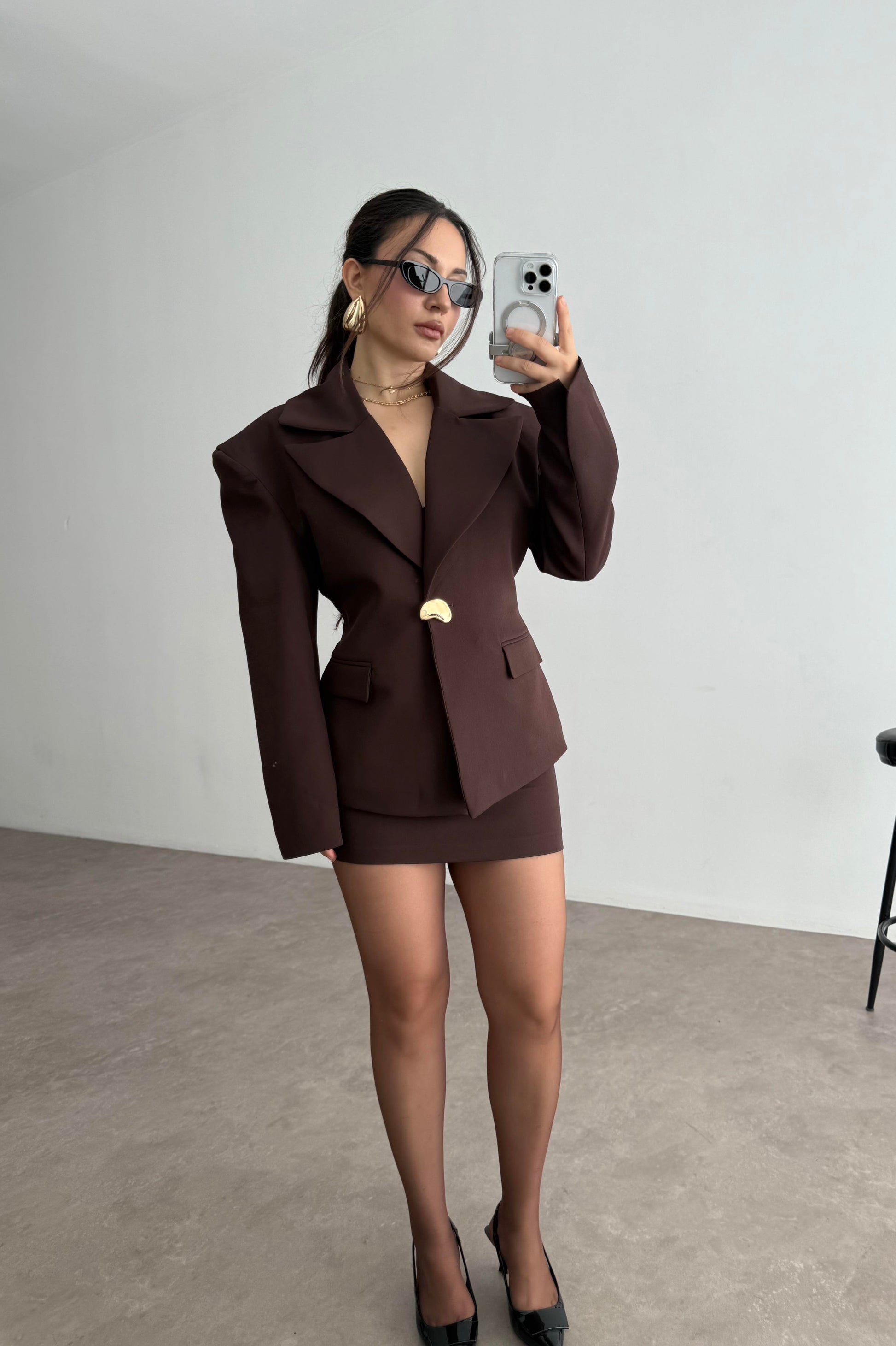 Lucia Vatkalı Ceket Etek Kahve Takım