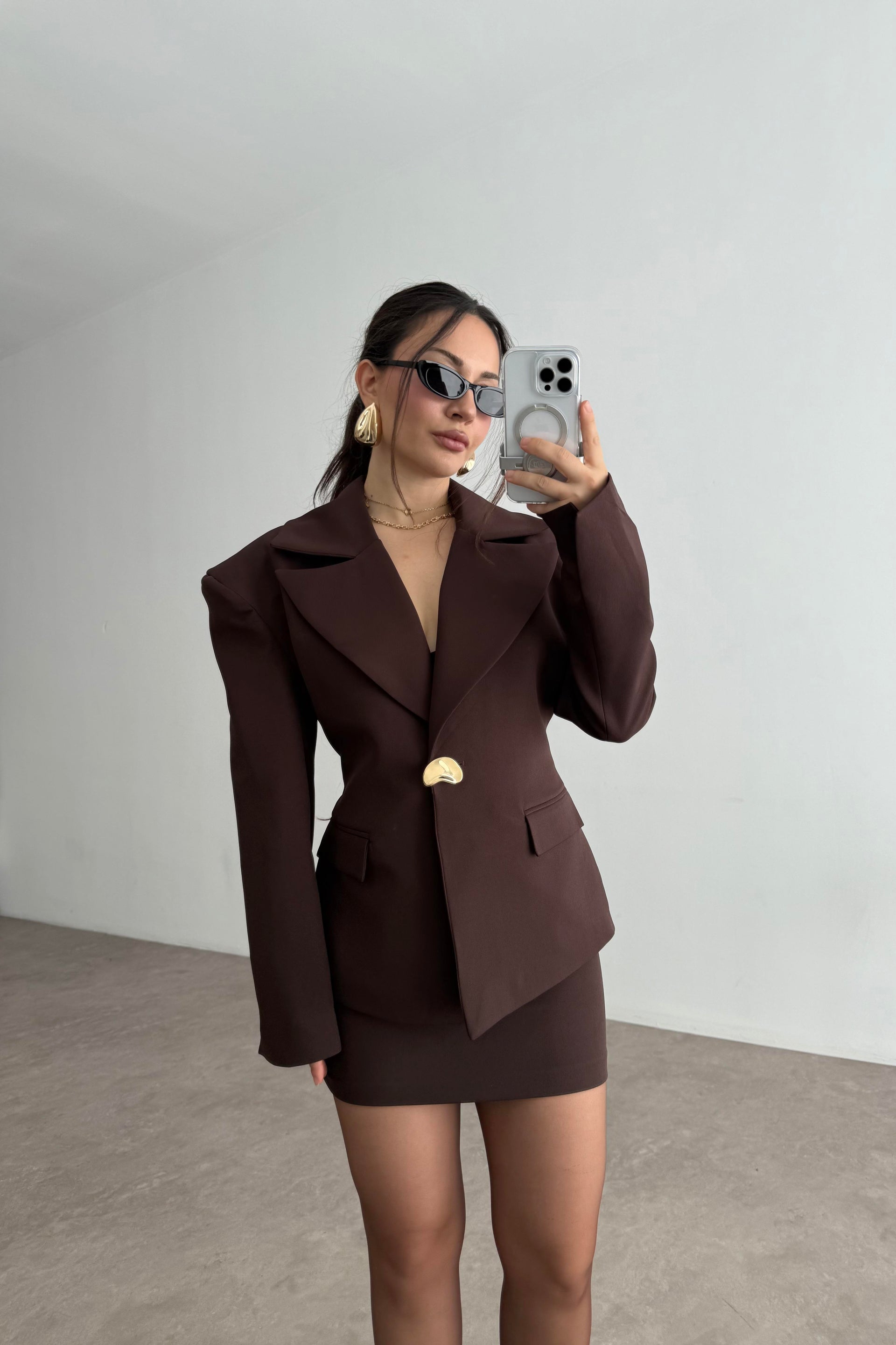 Lucia Vatkalı Ceket Etek Kahve Takım