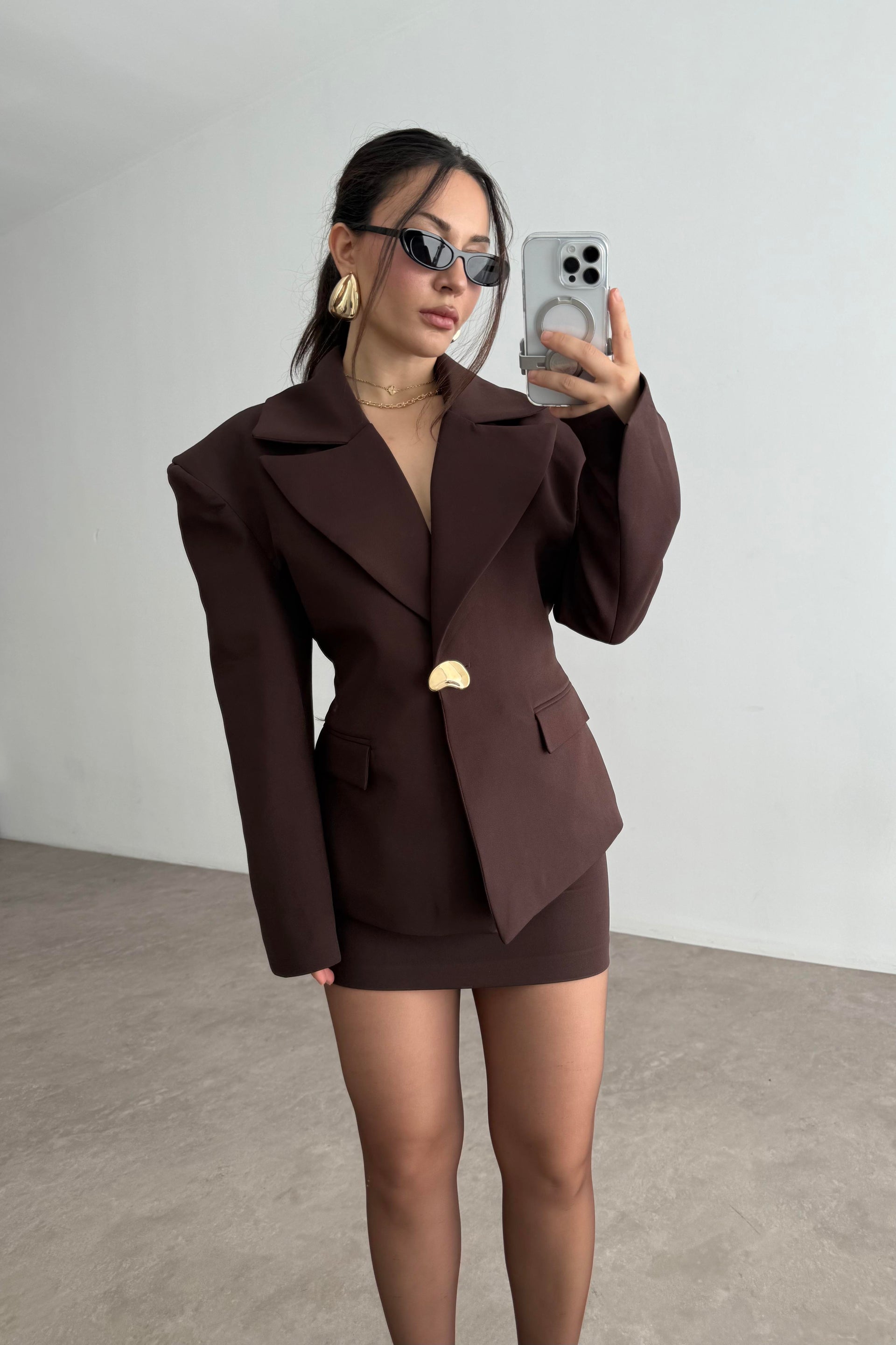 Lucia Vatkalı Ceket Etek Kahve Takım