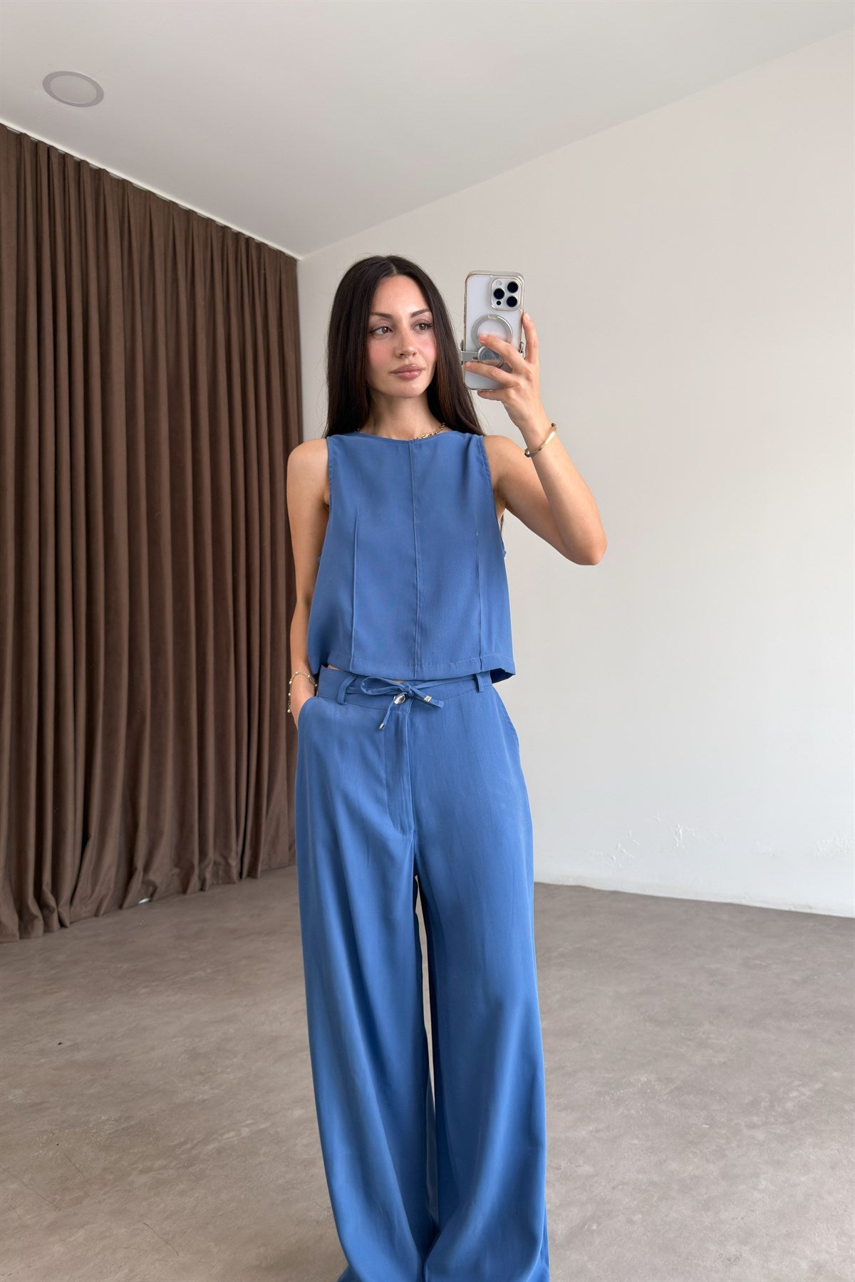 Maren İndigo Kolsuz Bluz Pantolon Takım