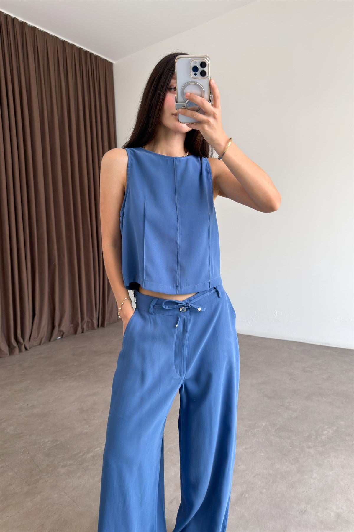 Maren İndigo Kolsuz Bluz Pantolon Takım