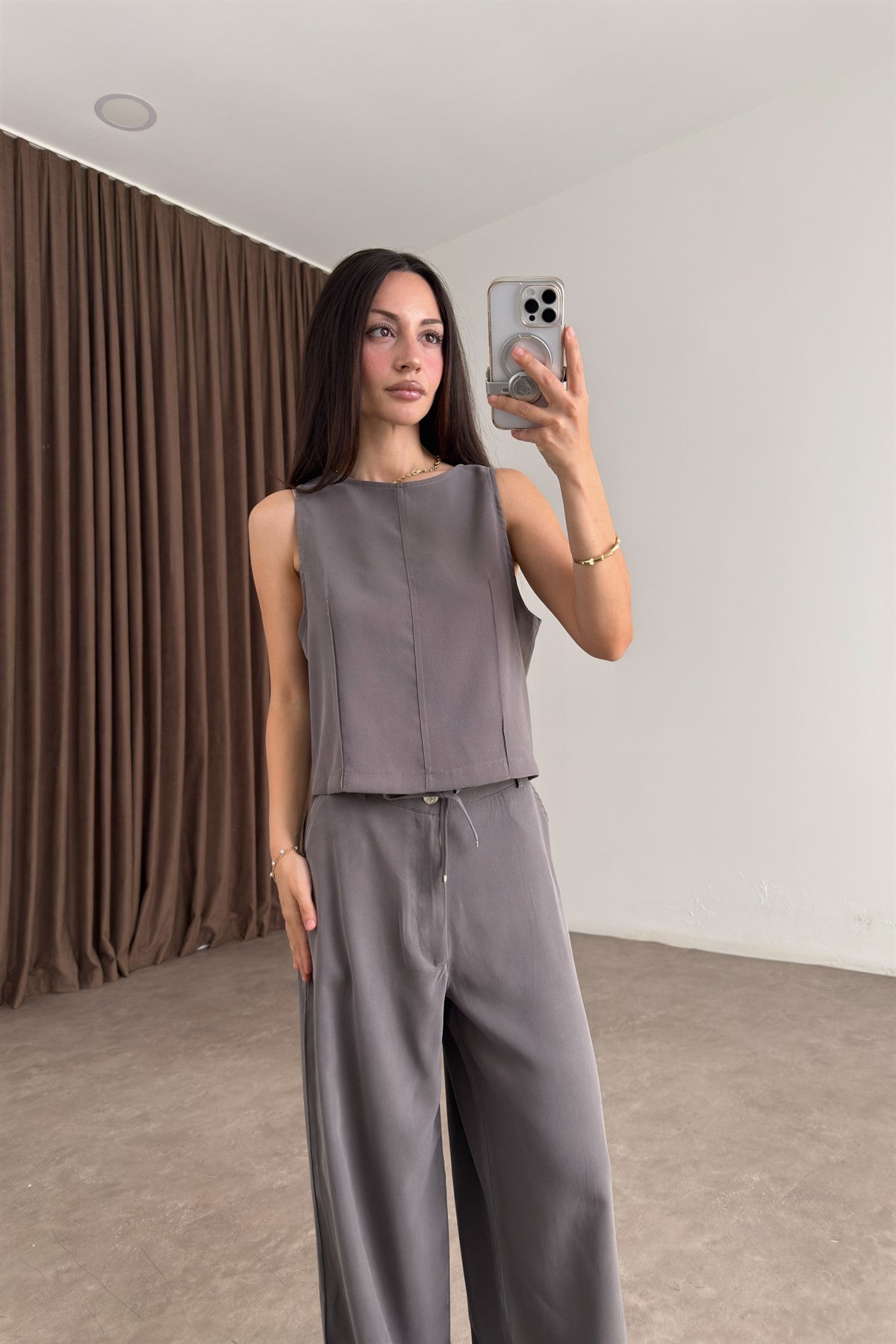 Maren Taupe Kolsuz Bluz Pantolon Takım