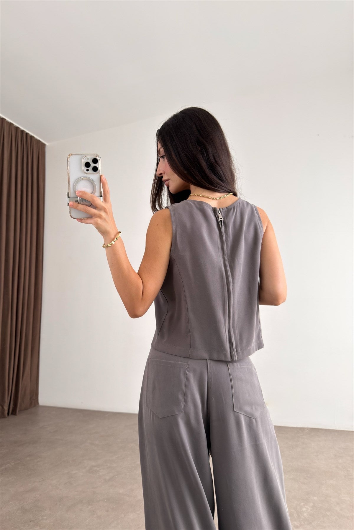 Maren Taupe Kolsuz Bluz Pantolon Takım
