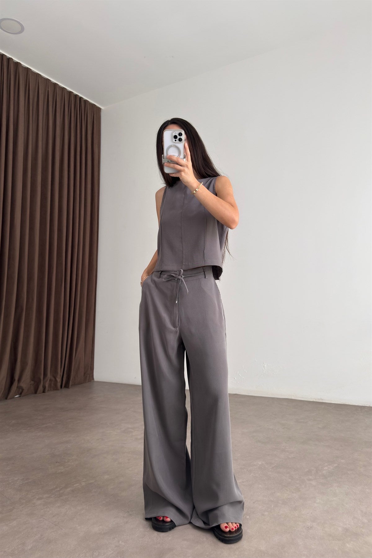 Maren Taupe Kolsuz Bluz Pantolon Takım