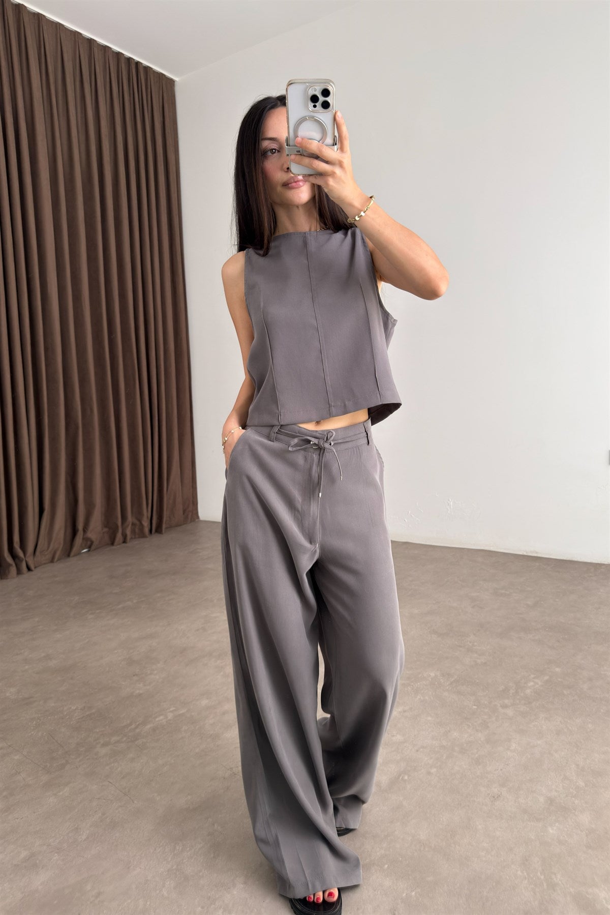 Maren Taupe Kolsuz Bluz Pantolon Takım