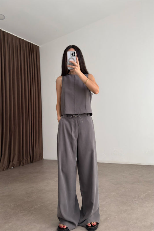 Maren Taupe Kolsuz Bluz Pantolon Takım