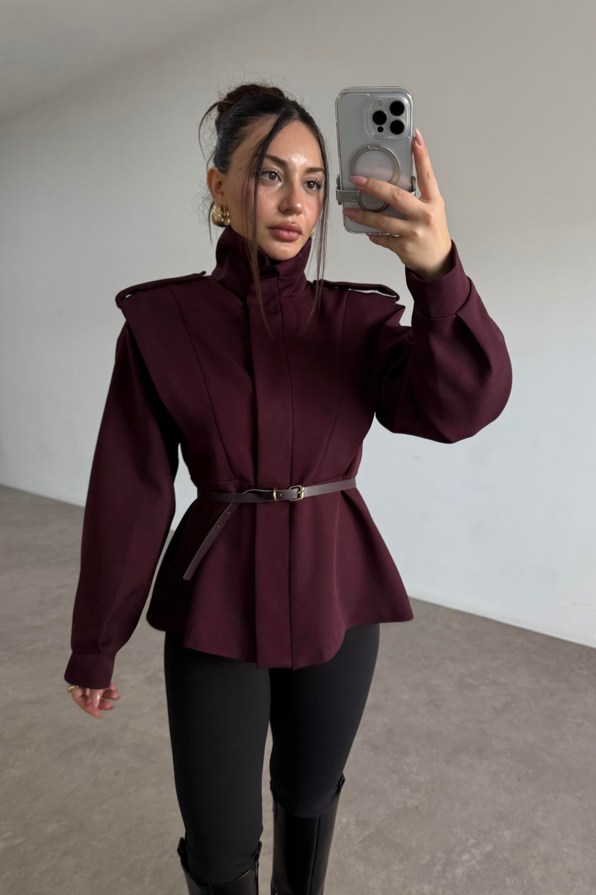 Military Dik Yakalı Kemerli Mürdüm Ceket