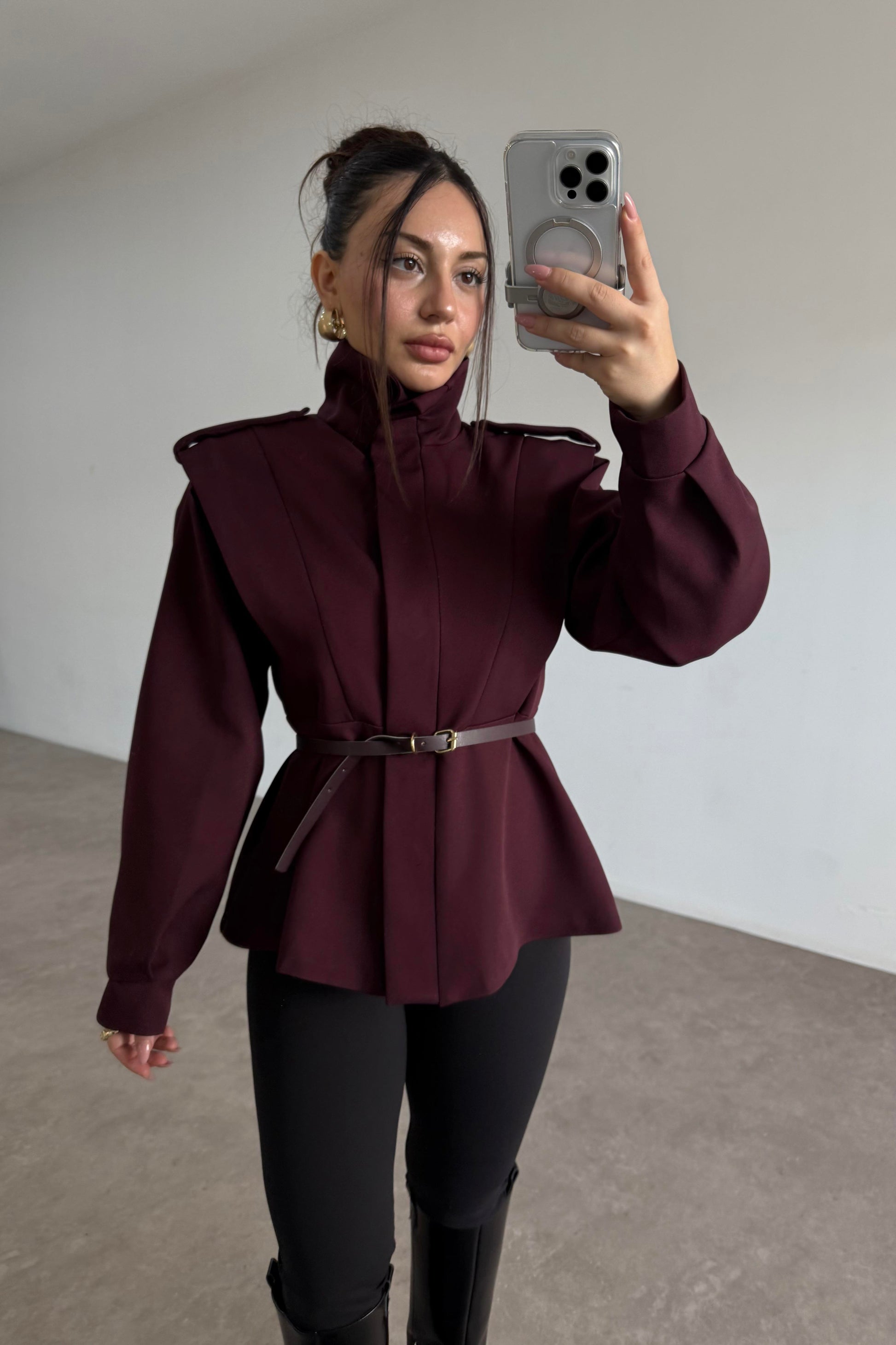 Military Dik Yakalı Kemerli Mürdüm Ceket
