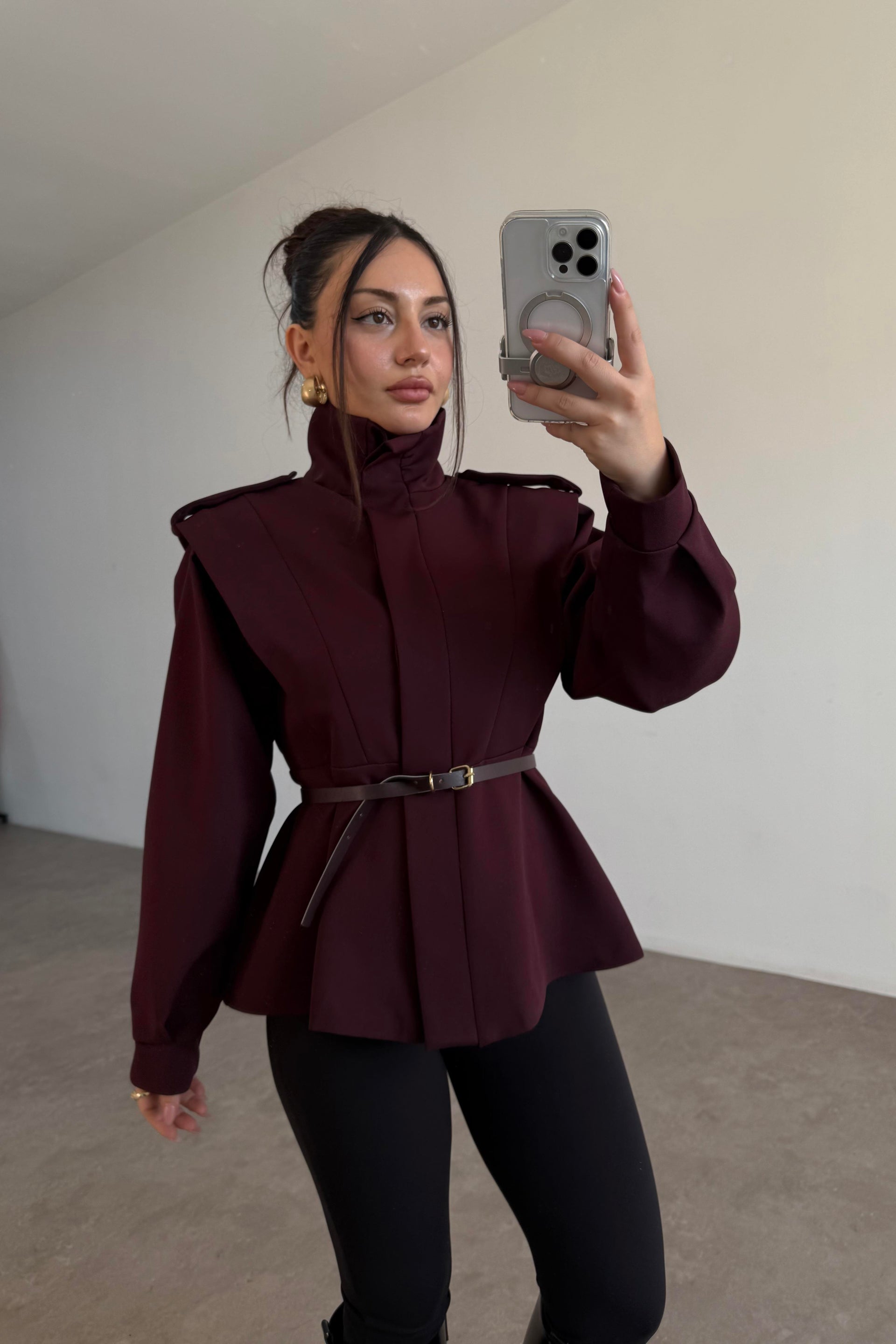 Military Dik Yakalı Kemerli Mürdüm Ceket