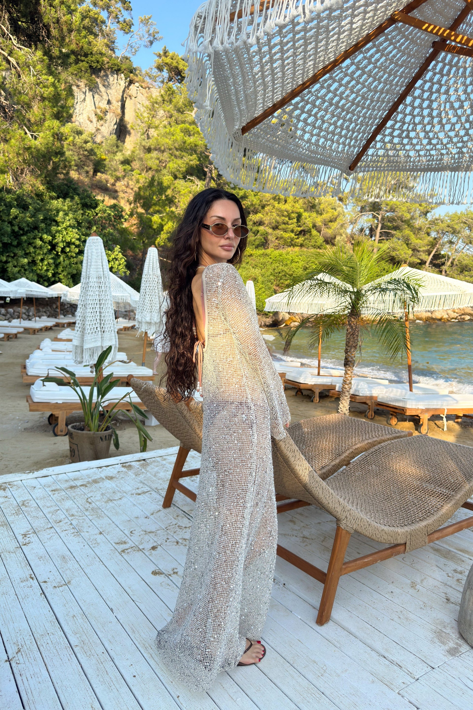 Mirage Pullu File Bej Uzun Elbise