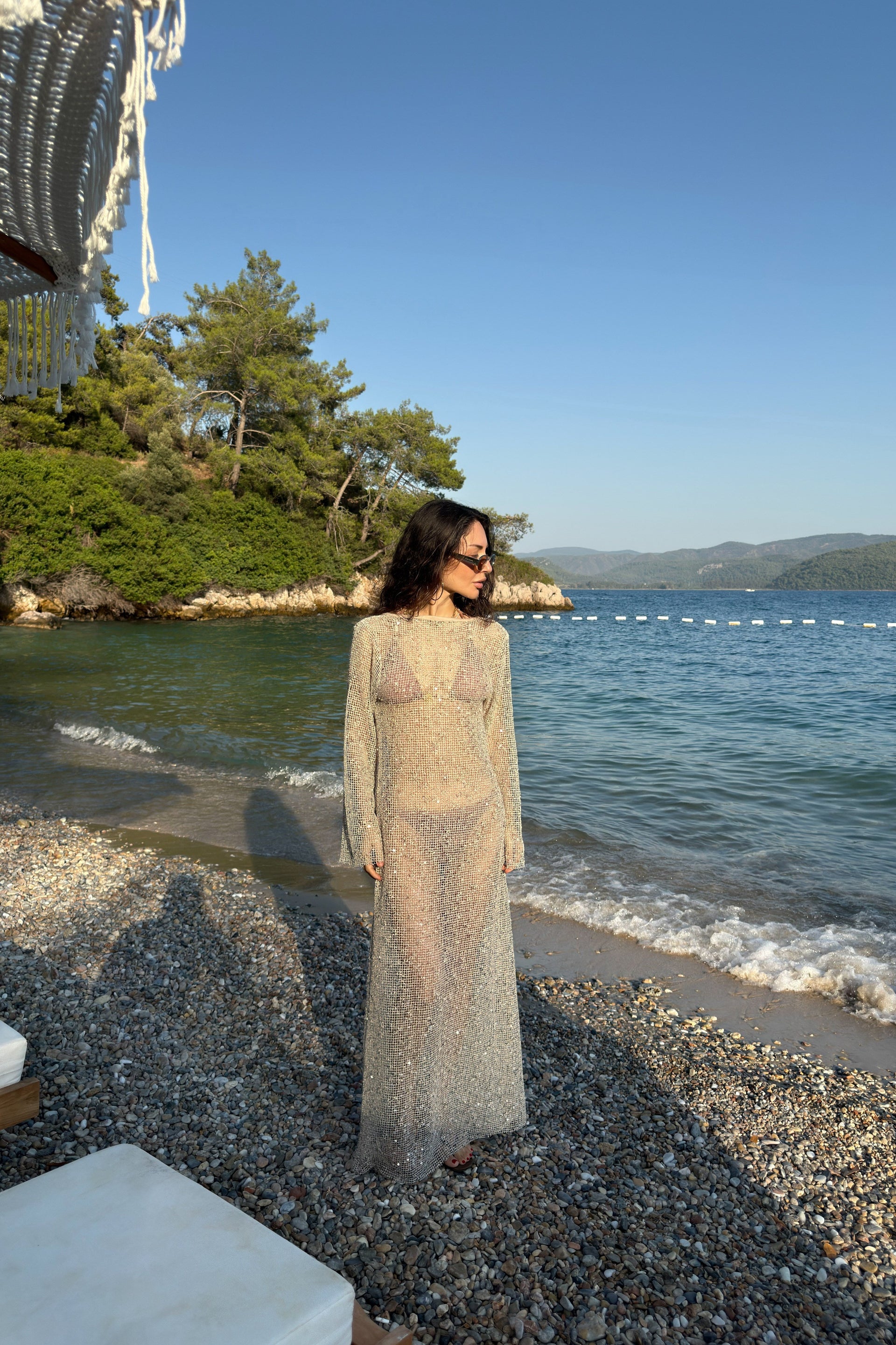 Mirage Pullu File Bej Uzun Elbise