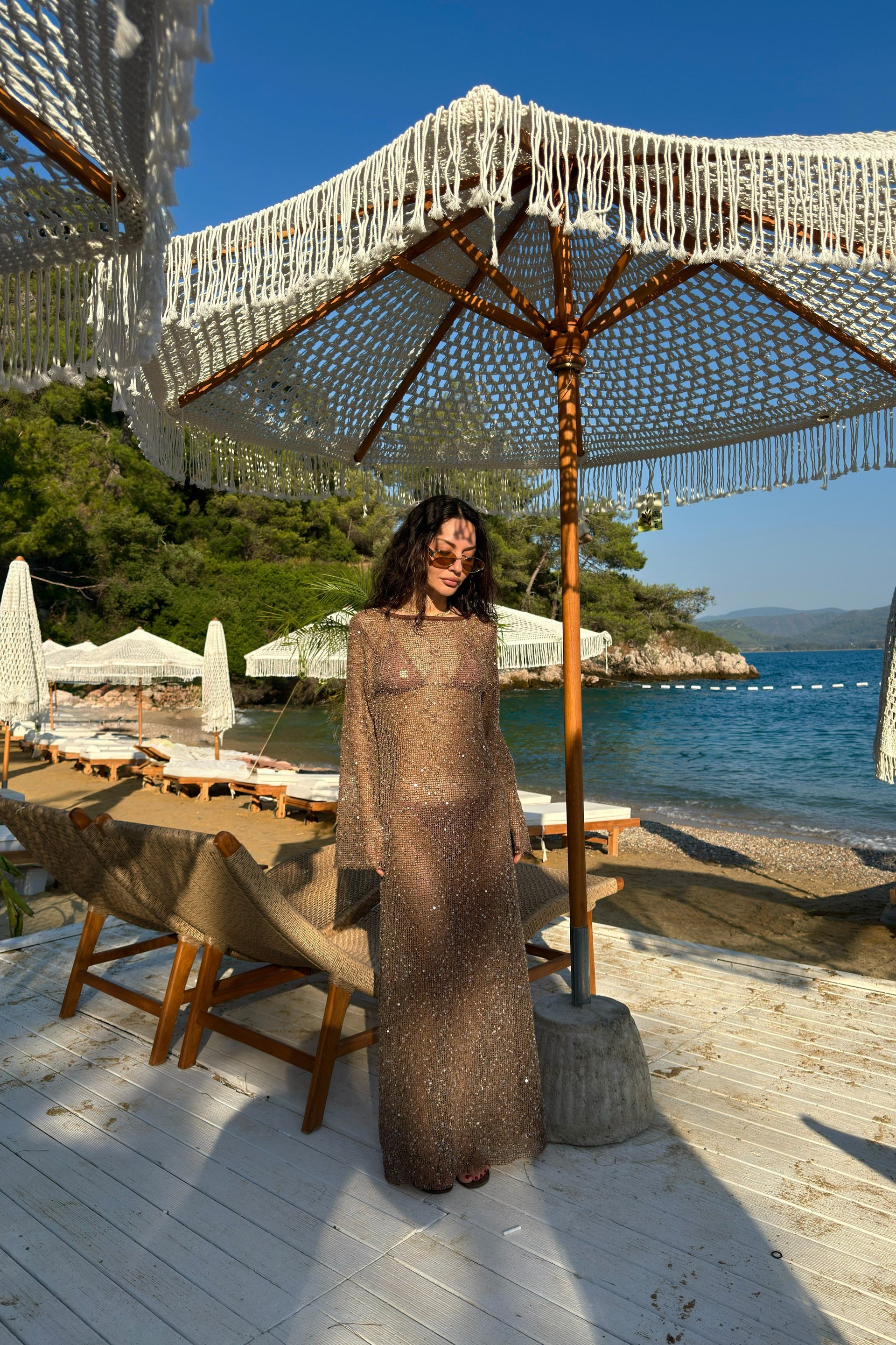 Mirage Pullu File Bronz Uzun Elbise