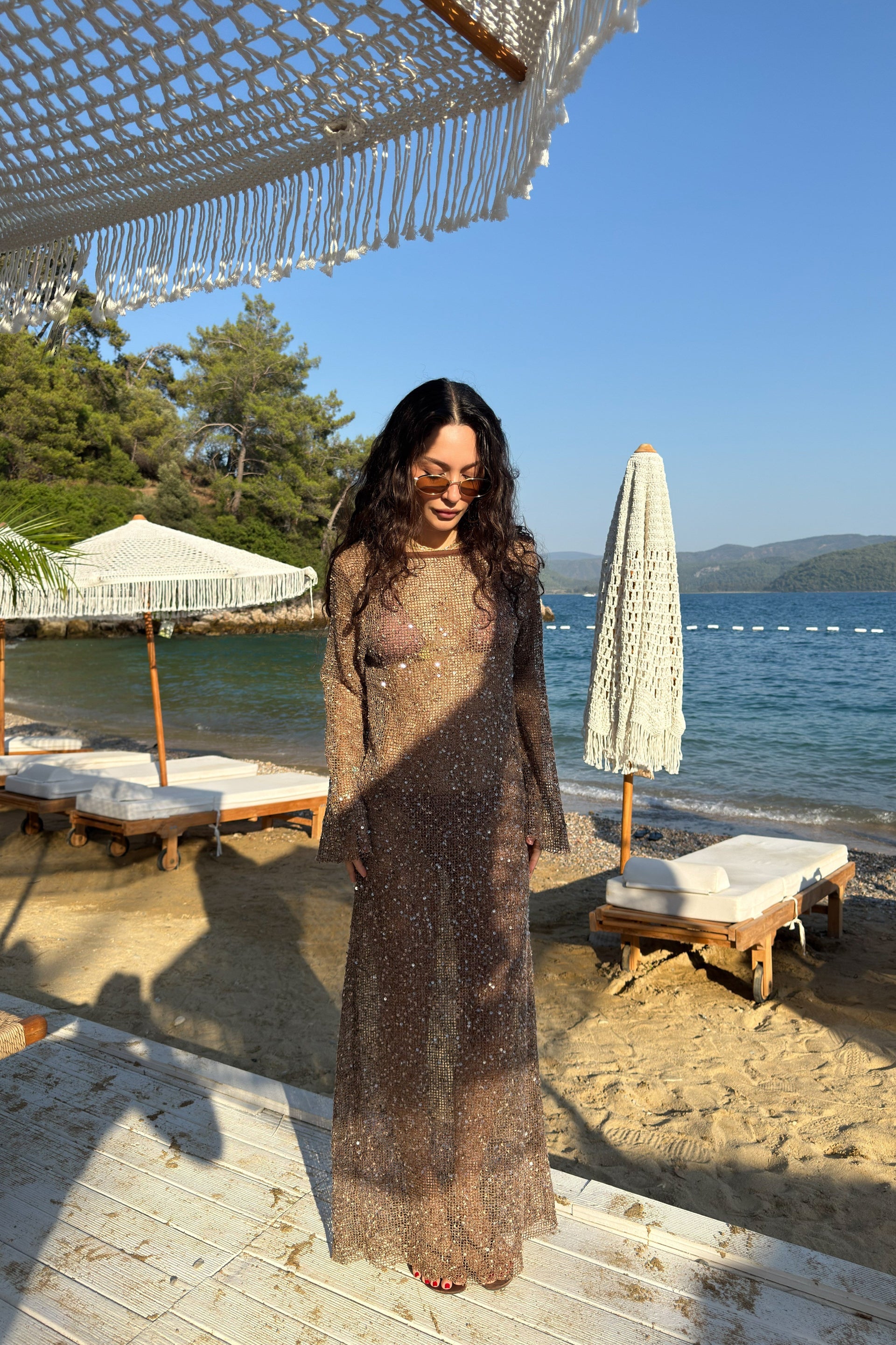 Mirage Pullu File Bronz Uzun Elbise