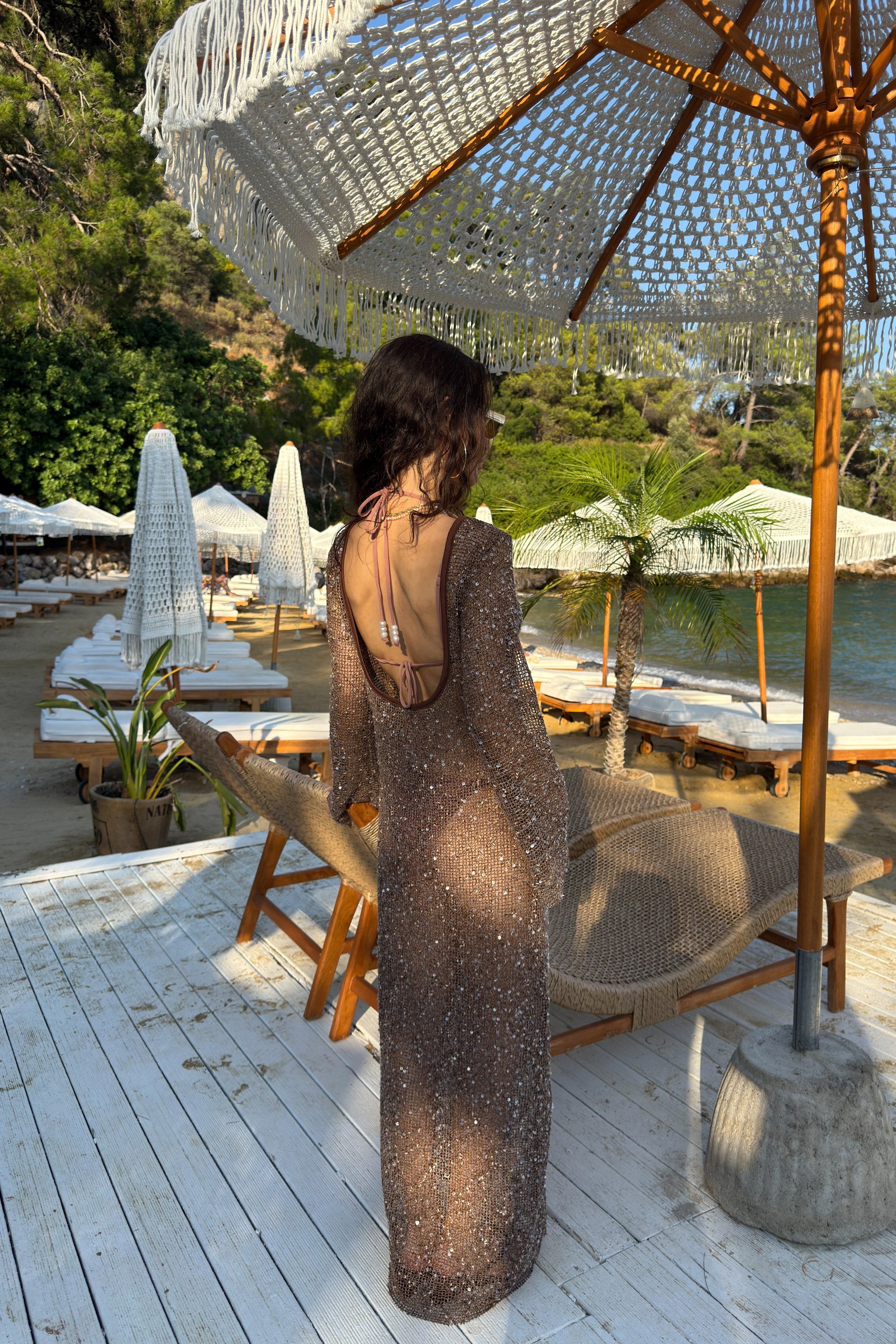 Mirage Pullu File Bronz Uzun Elbise