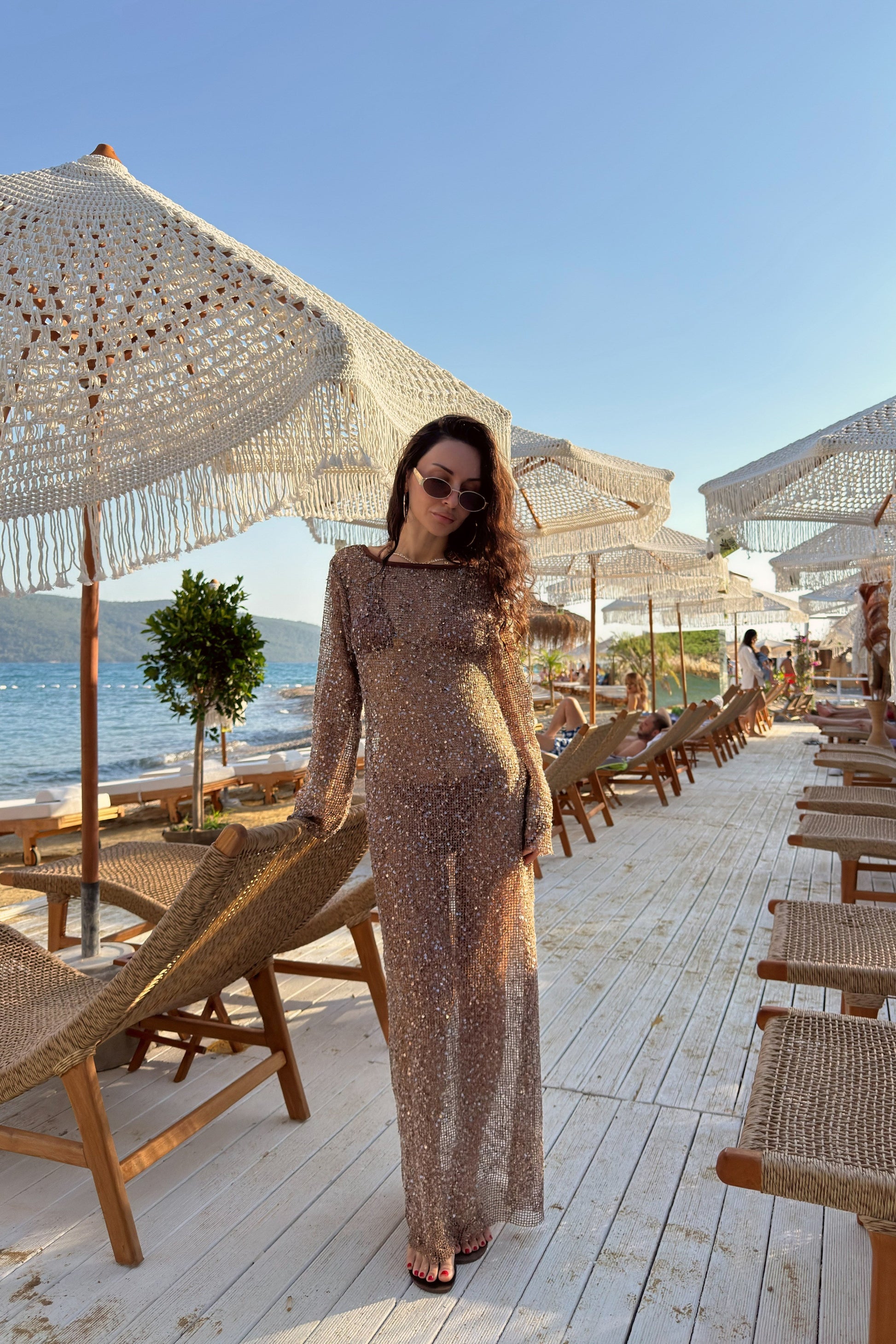 Mirage Pullu File Bronz Uzun Elbise