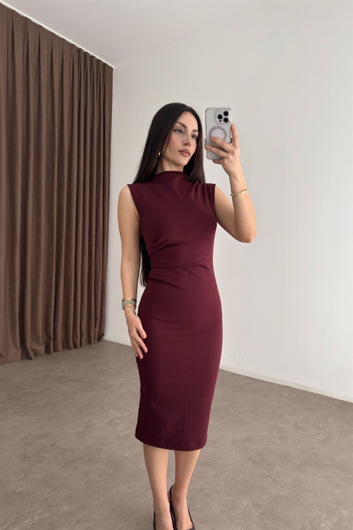Mng Orijinal Beli Drape Detaylı Bordo Crep  Midi Elbise